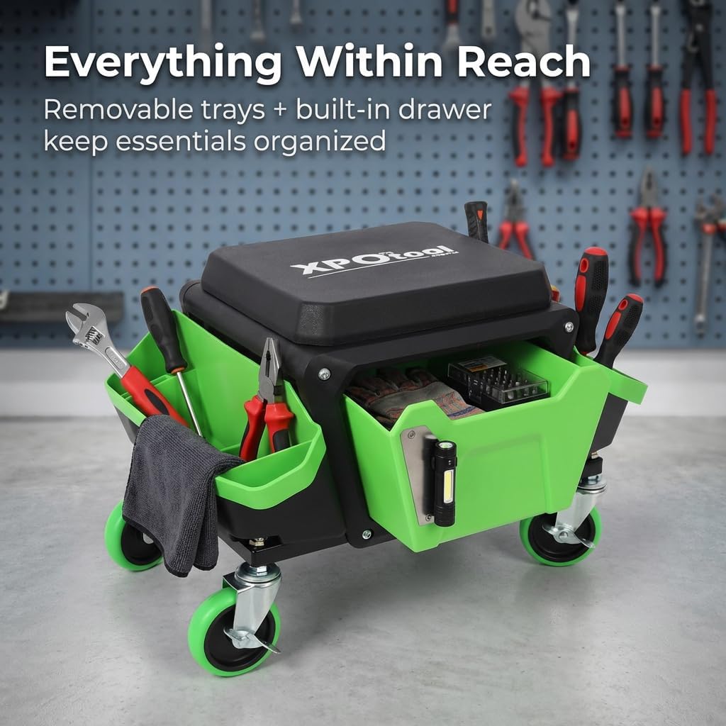 Rolling Mechanics Stool, Heavy-Duty 330 lbs Capacity Garage Creeper Seat with Soft Cushioned Top, Removable Trays & Drawer, Locking Casters, Ideal for Auto Detailing, Repair & Workshop Use, Green