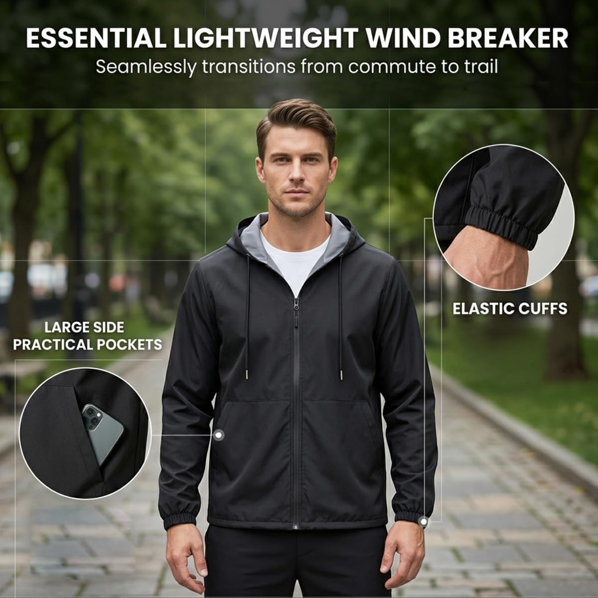 Men's Lightweight Windbreaker Waterproof Raincoat Hooded Jacket Casual Outdoor Active Zip Up Windproof Running Coat