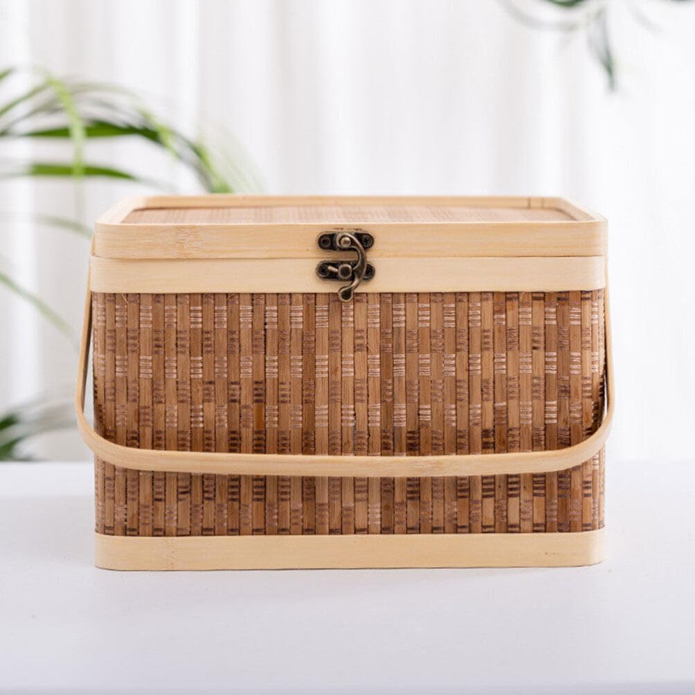 Woven Basket with Handle and Lid Portable Egg Storage Holder Large Bamboo Picnic Basket for Home Organization Outdoor Use