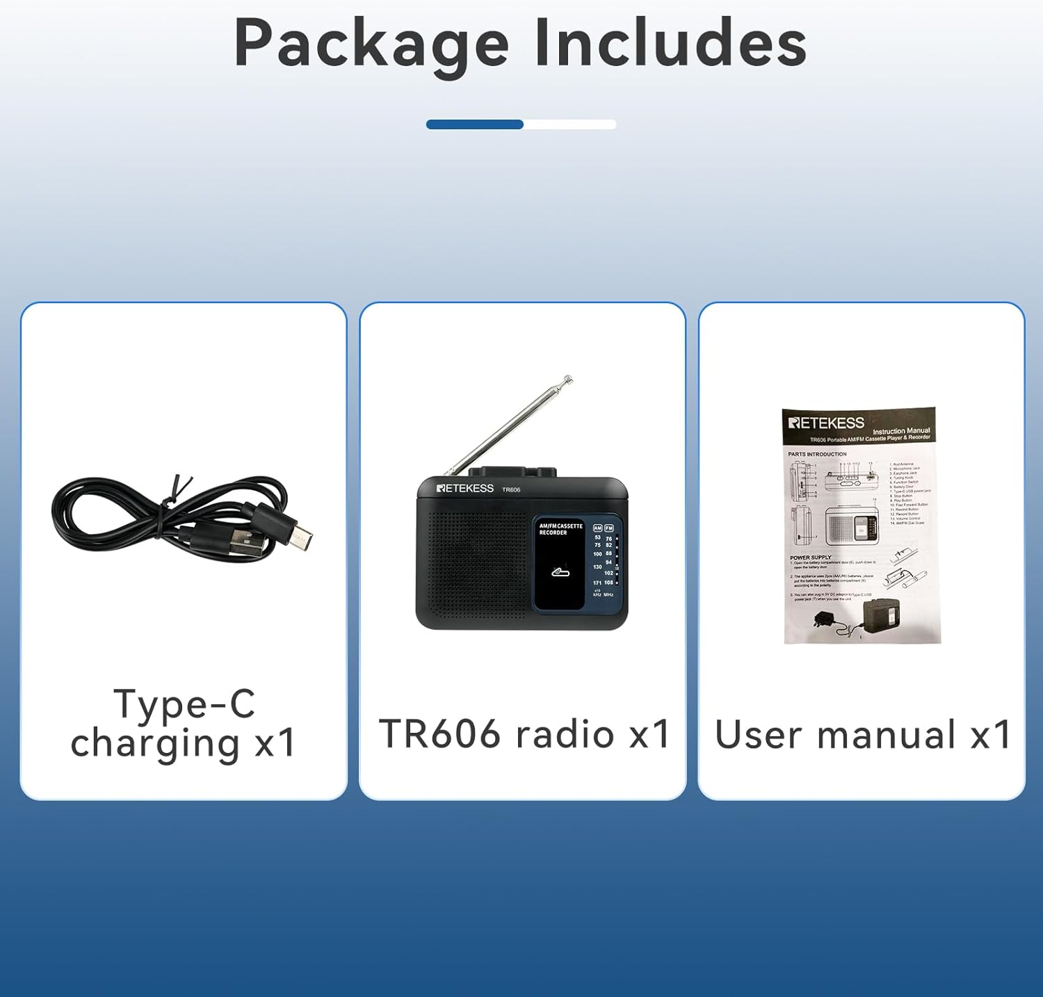 Package contents including TR606 radio, USB charging cable, and user manual