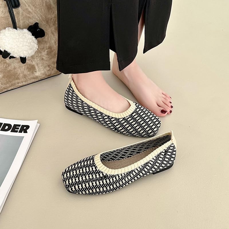 Image of RVROVIC Women's Knit Square Toe Ballet Flats, Slip‑On Casual Flat Shoes
