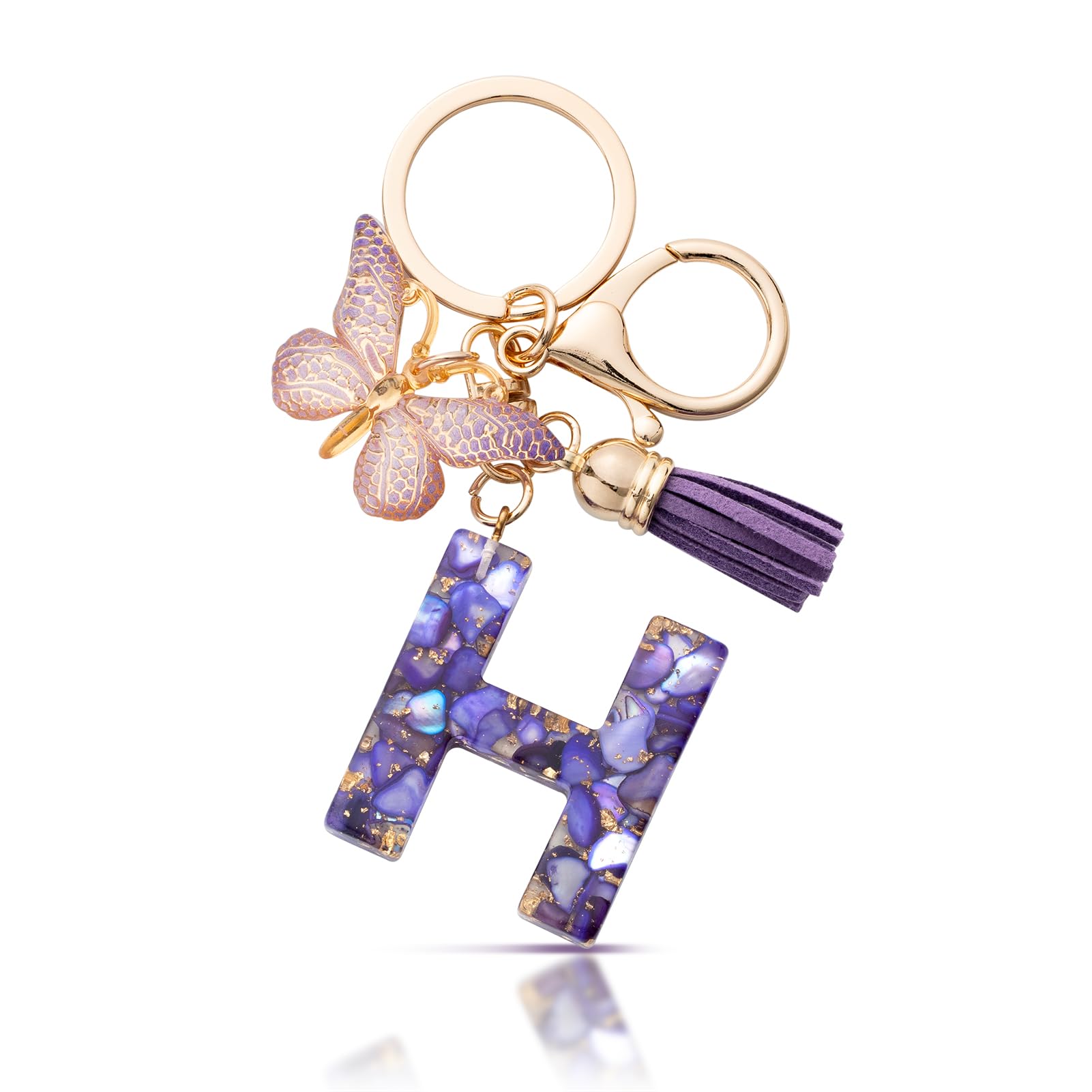MORSUNBELA Schlüsselanhänger Buchstabe Mädchen Geschenke Schlüsselanhänger mit Buchstaben Anfangsbuchstabe Schmetterling Keychain Letter für Frauen Damen Lila H