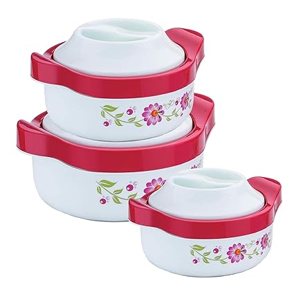Heart Home Floral Design Plastic Insulated Steel Casseroles Set of 3 Pcs,750 ML,1000 ML,1500 ML (Light Green) - CTHH14662
