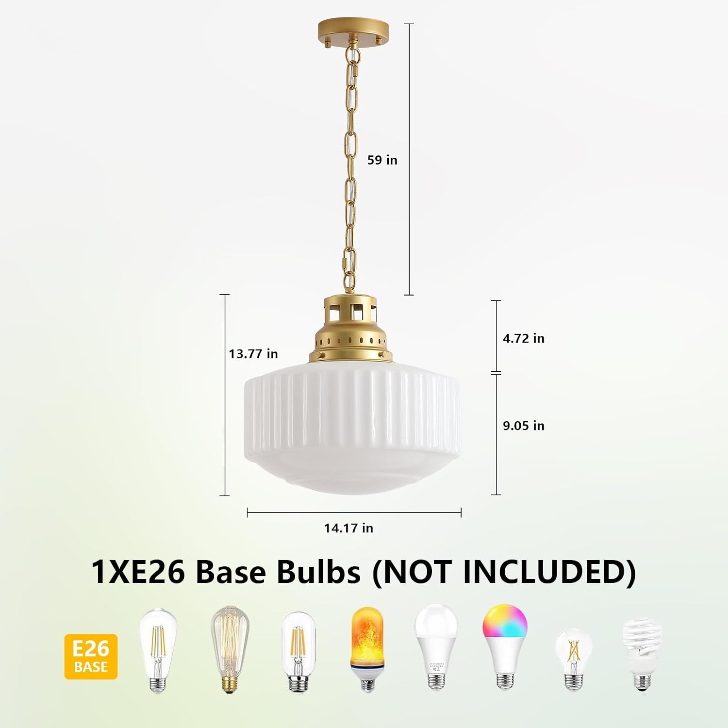 14" Vintage Milk Glass Pendant Light Brass Gold Dining Room Light Fixture, Antique Large Farmhouse Modern Kitchen Island Chandelier for Entryway Foyer Hallway Bedroom Living Room Schoolhouse Bathroom