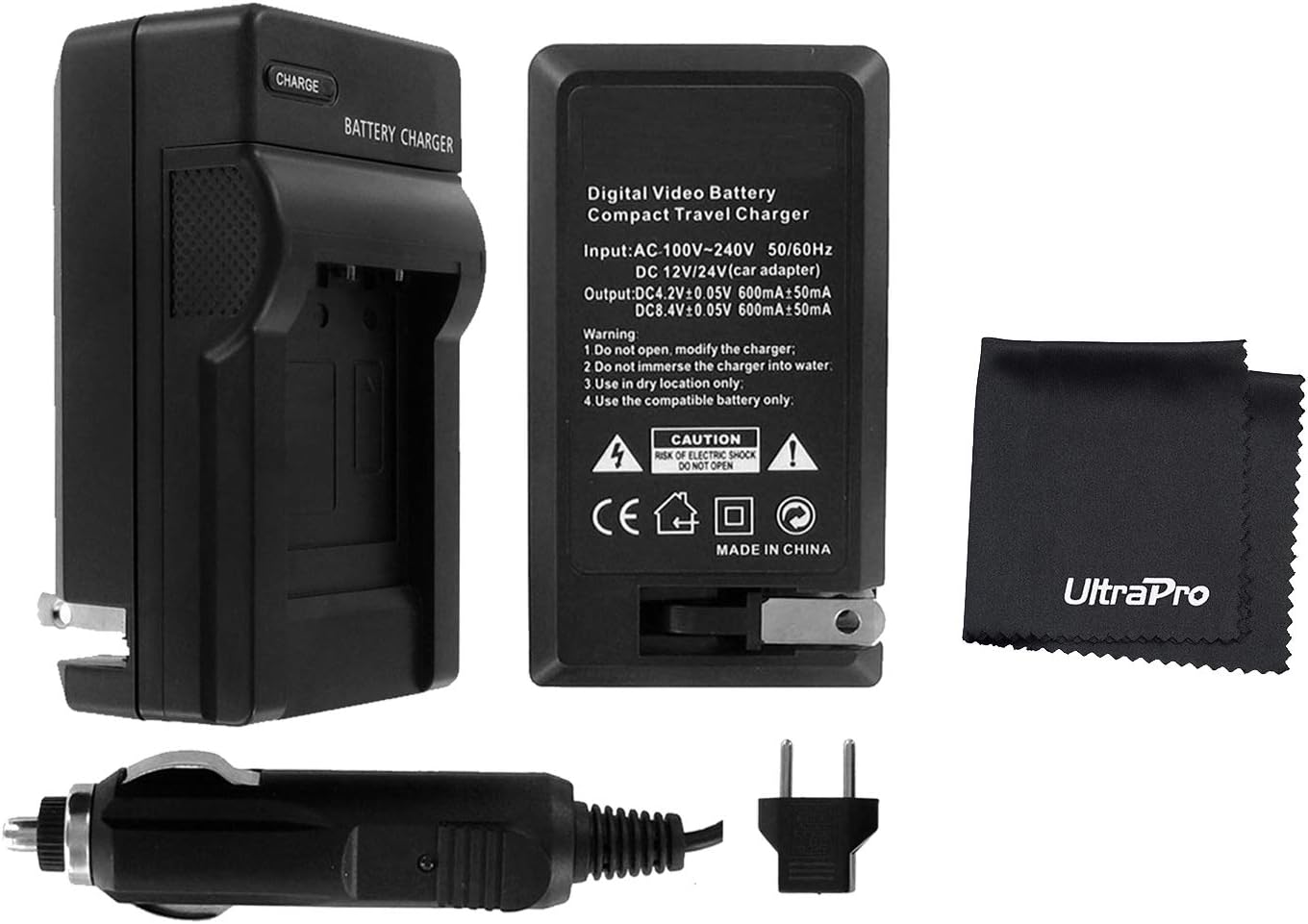 UltraPro EN-EL15 / EN-EL15B / EN-EL15C Rapid Travel Charger (110/220v with Car and EU adapters) for Select Nikon Digital Cameras - UltraPro Accessory Bundle: Deluxe Microfiber Cleaning Cloth