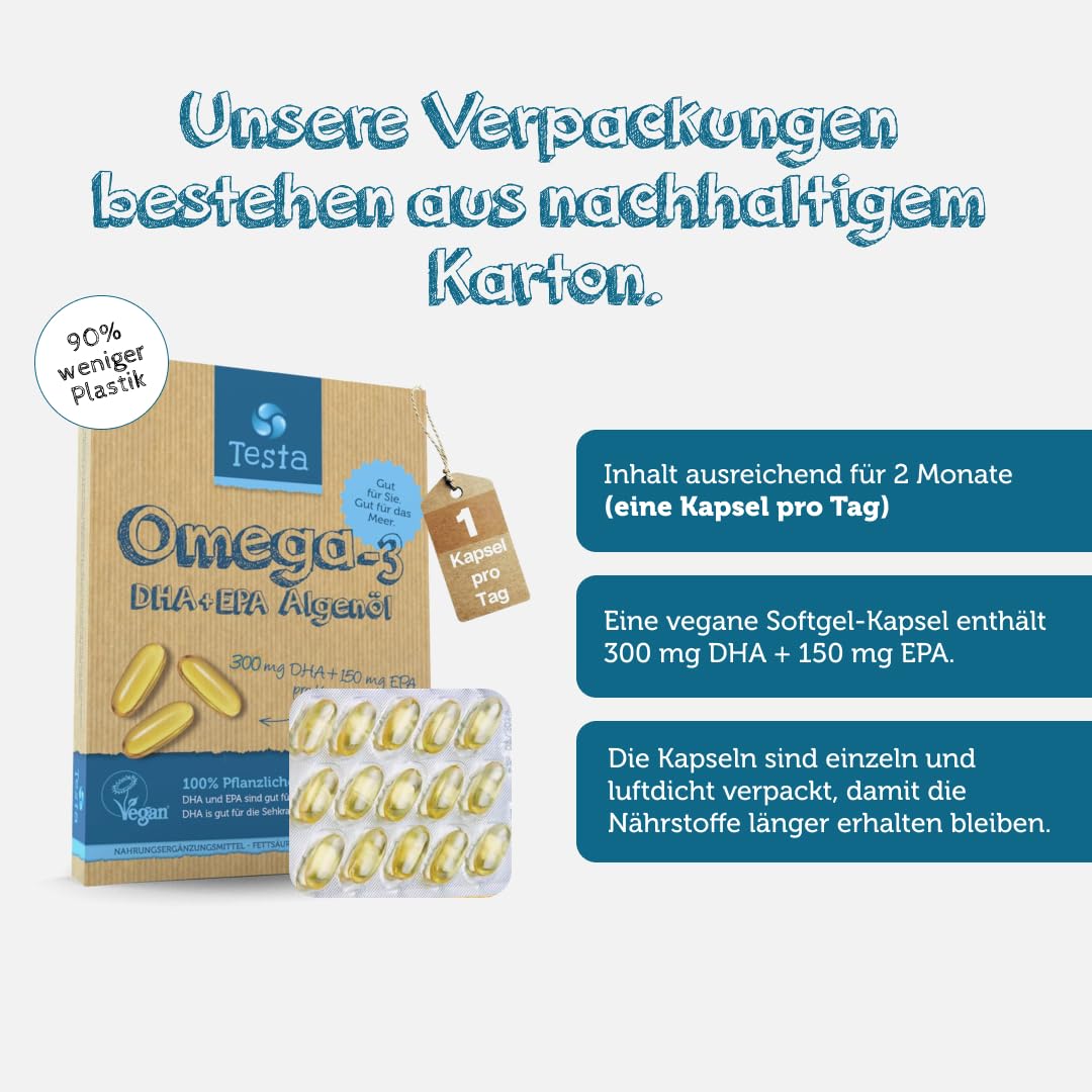 Omega 3 Vegan Algenöl – Hochdosiert 300mg DHA + 150mg EPA pro Kapsel - Nur 1 Kapsel pro Tag - Pflanzliches Omega 3 aus Algenöl - 60 Kapseln