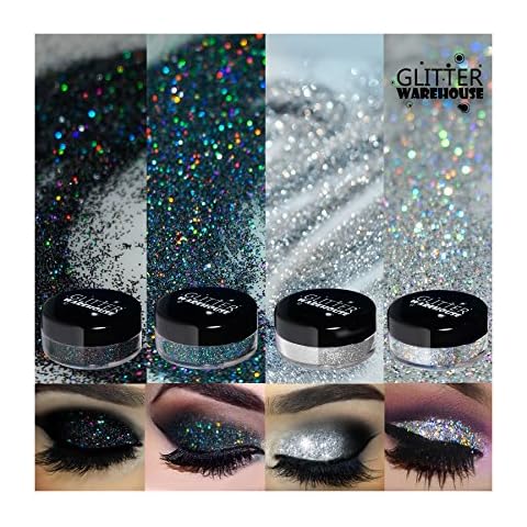 4pc GlitterWarehouse Holographic Loose Glitter Eye Shadow Powder Platinum Diamond Silver, Diamond Black Smoky (20g Jars) Cover