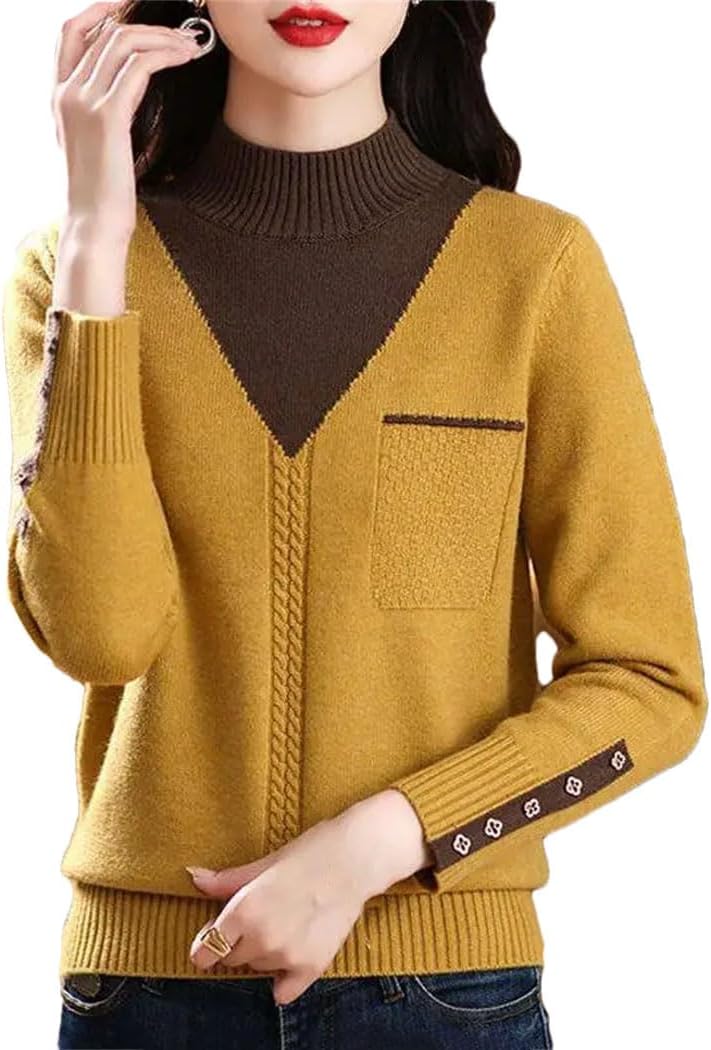 Women's Vintage Splicing Sweaters Winter Streetwear Fashion Mock Neck Long Sleeve Slim Knitted Pullovers