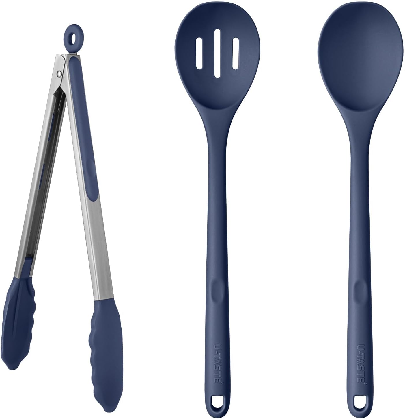 U-Taste 600℉ Heat Resistant Food Grade Non Stick Firm Cooking Tongs (12 in), and 600ºF Heat Resistant Silicone Spoons, 13.3in Solid & Slotted Kitchen Mixing Tool (Midnight Blue)