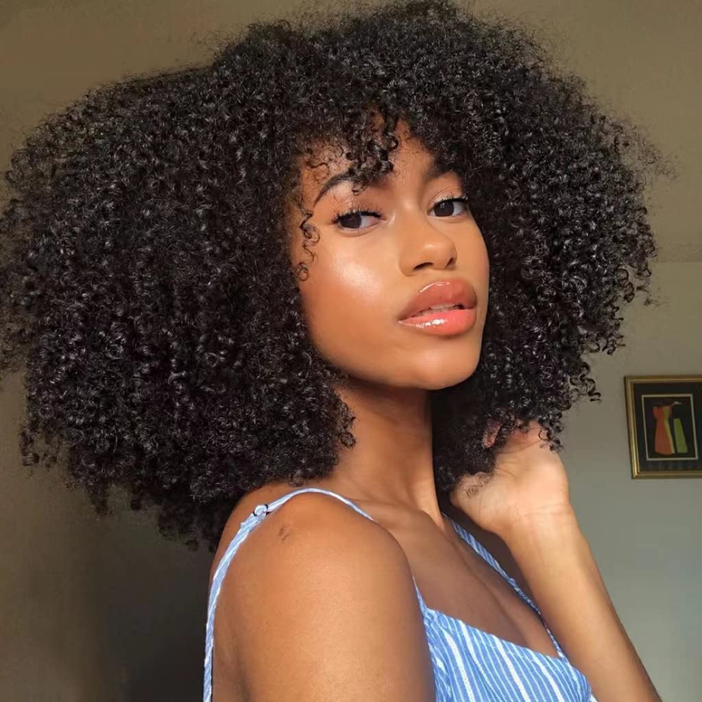Afro Kinky Curly Wig With Bangs 200 Density Full Machine Made Human Hair Wig Scalp Top Wig Brazilian Short Curly Wigs For Black Women Natural Color 12 Inch