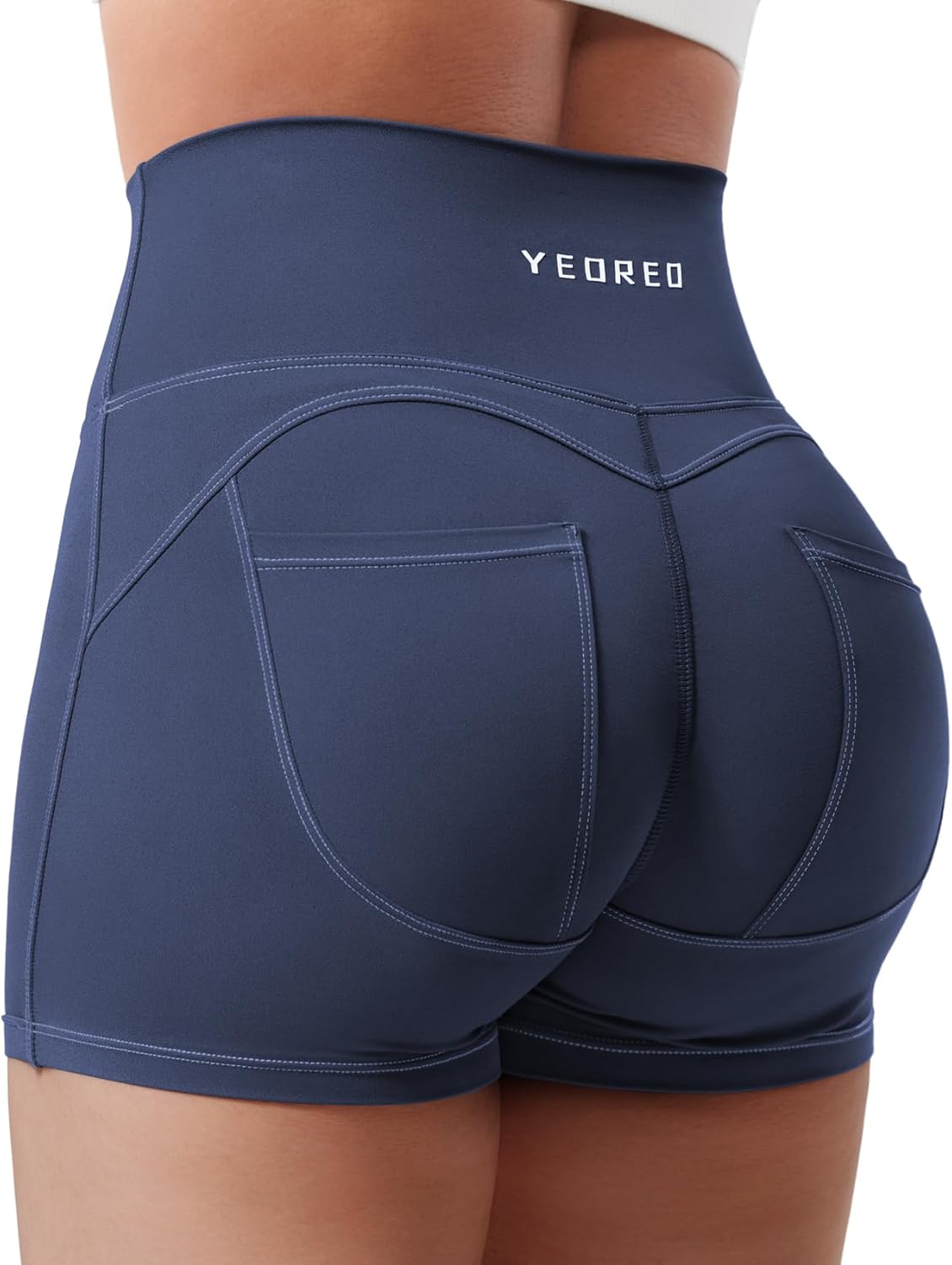 YEOREO CoreFlex Denim Look Pocket 3.6'' Workout Shorts for Women Scrunch High Waisted Yoga Gym Shorts