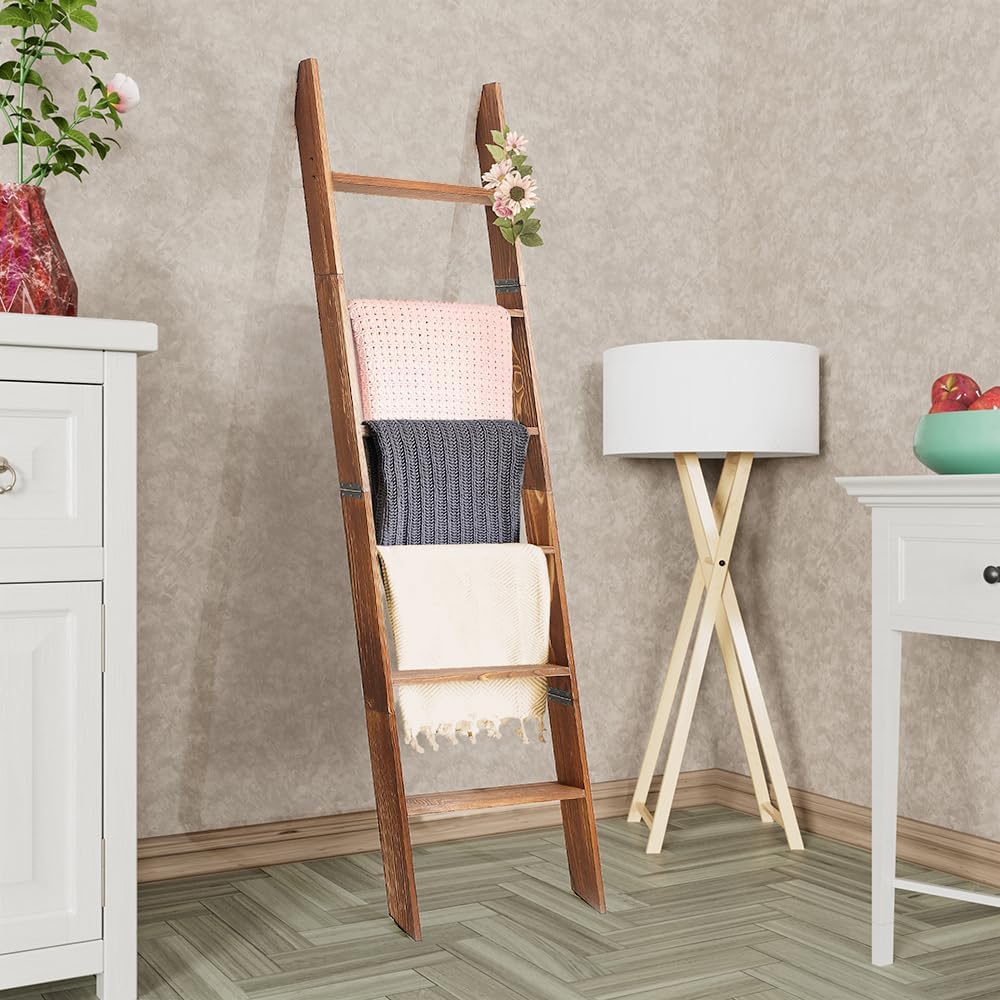 White Decorative Wooden Blanket Ladder for The Living Room and Bedroom, 5.2ft, Pine Wood Quilt Ladder, 5-Tier Wall Leaning Blanket Rack Stand for Home Décor