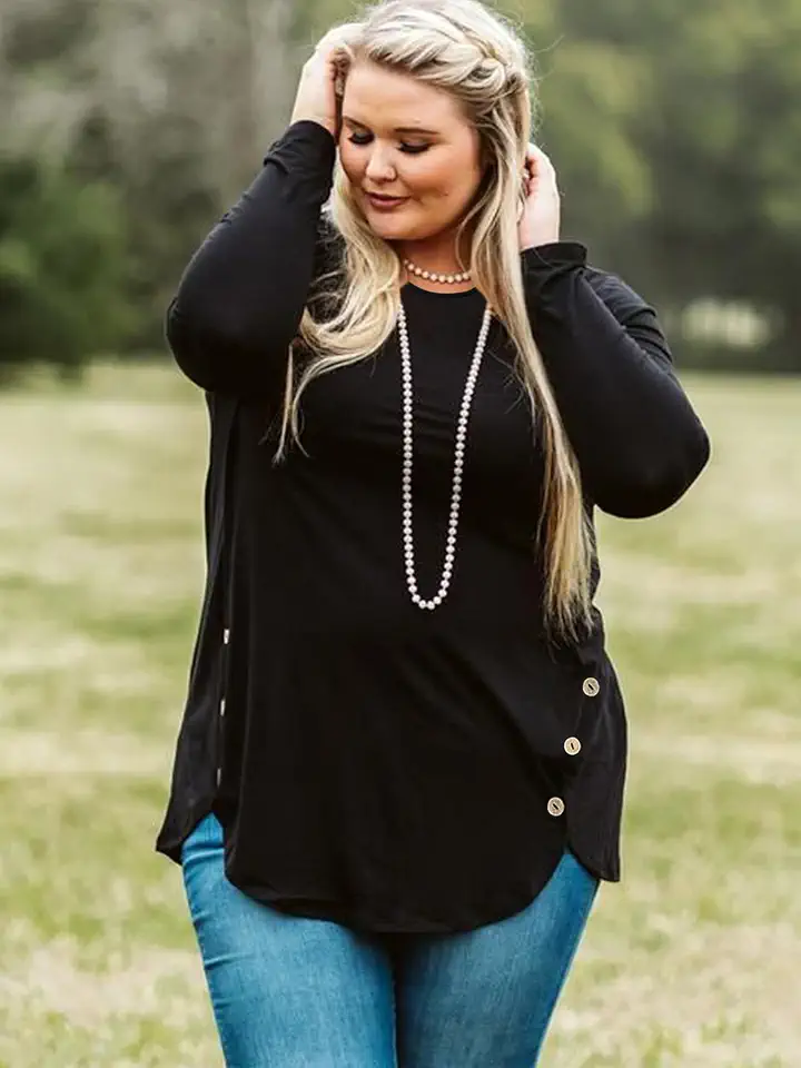 Women's Round Neck Long Sleeve Tunic Top Decorative Button Side Blouse
