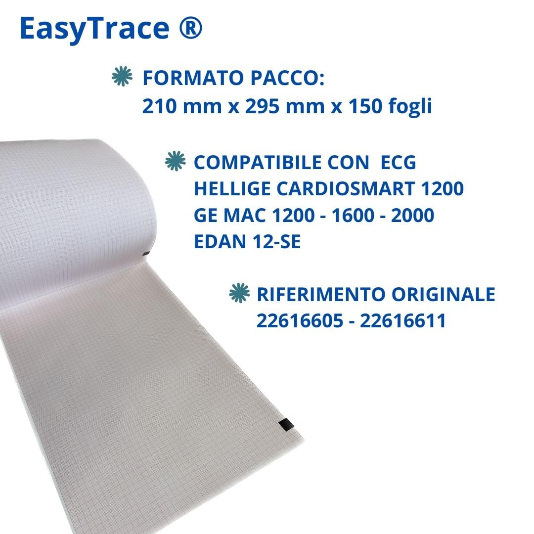 EasyTrace ® 10 pacchi CARTA PER ECG GE HELLIGE MAC 1200, MAC1600, MAC2000 e CARDIOSMART [HE210295P] Formato 210 mm x 295 mm x 150 fogli