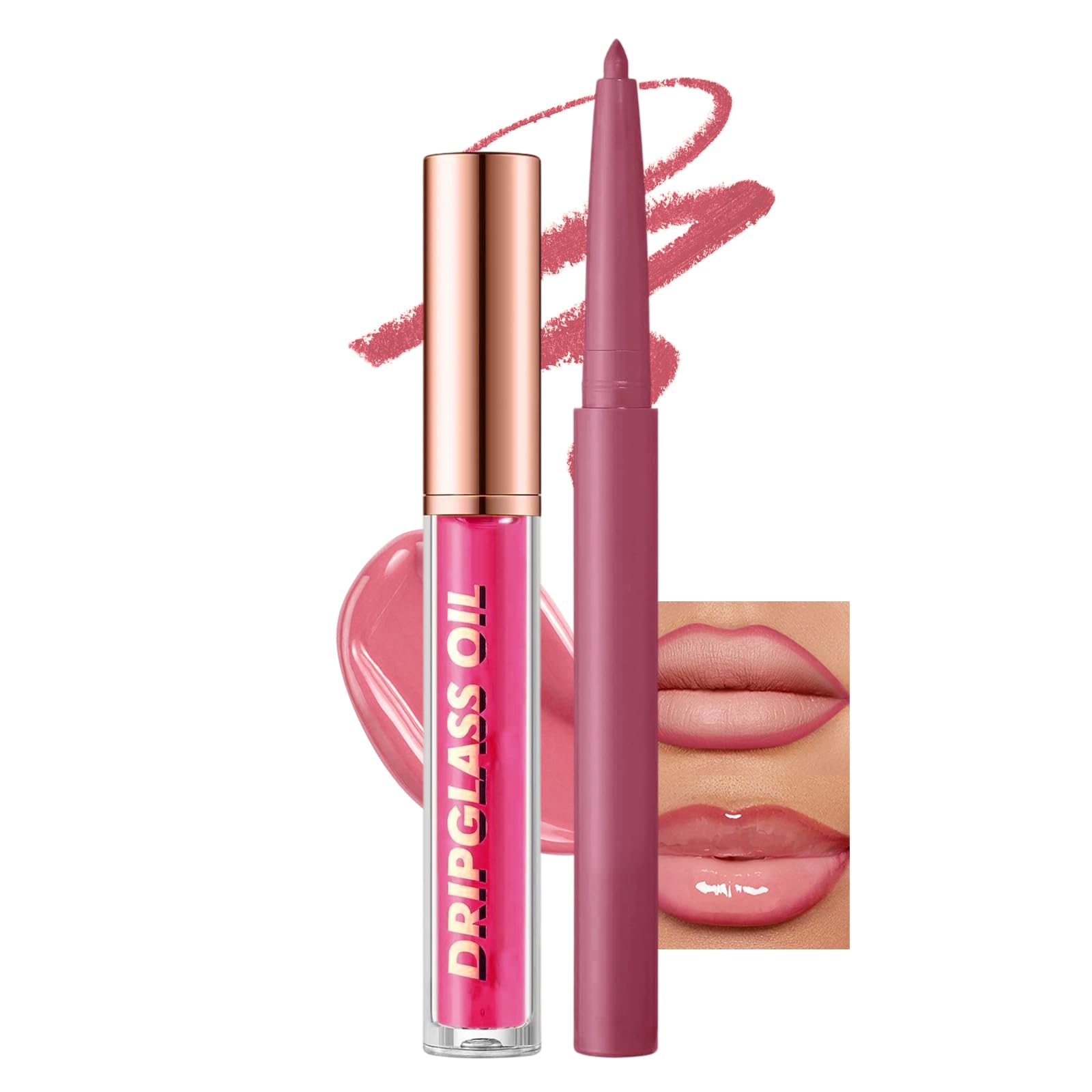 Pink Lip Liner and Gloss Lip Kit, Waterproof Long-Lasting Combo Set with Matte Lip Liner Pencil and Non-Sticky Pluming Tinted Gloss, Highly Pigmented Lipliner Set for Women (09 Pink) 09# Pink