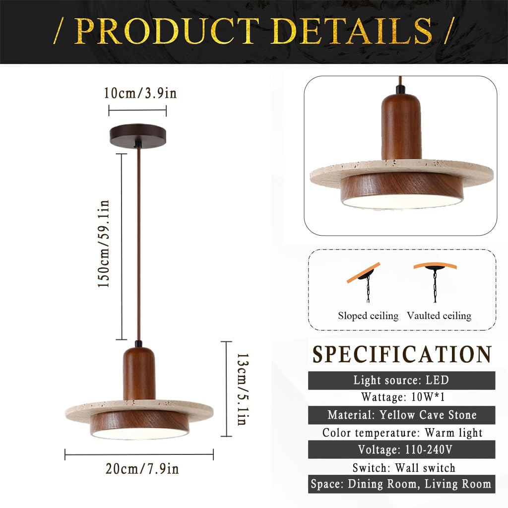 Lampada A Sospensione Wabi Sabi Travertino Giallo Naturale Legno Colore Noce Sospensione Regolabile In Altezza Apparecchio Sospeso Sala Da Pranzo Isola Cucina Camera(Walnut wood color-E1)