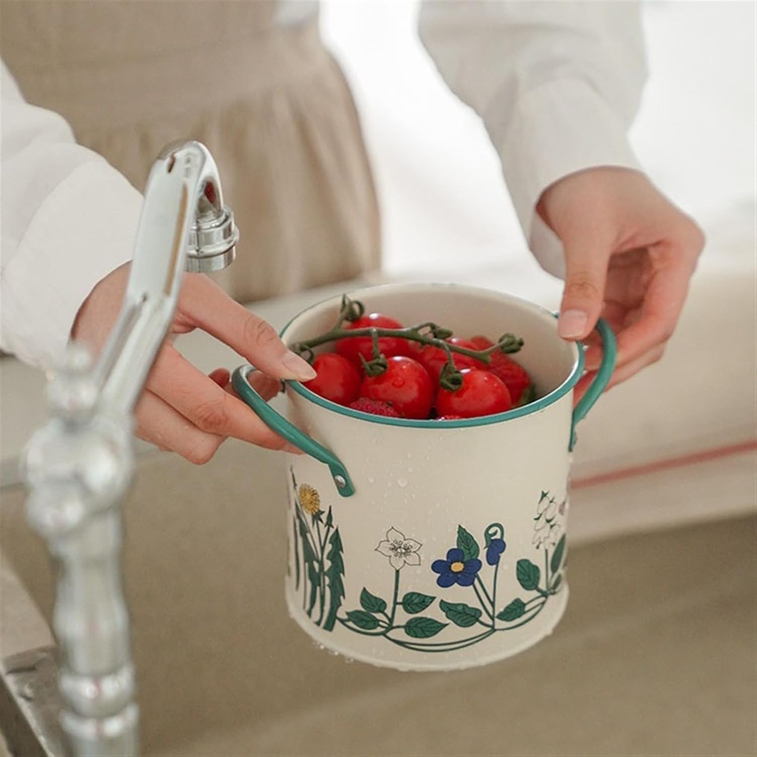 Utensil Holde Vintage Hand Painted Plant Kitchen Utensil Holder, Large Metal Utensil Caddy for Countertop, Utensil Crock Organizer Drying Rack with Removable Divider Utensil Crocks(Small)