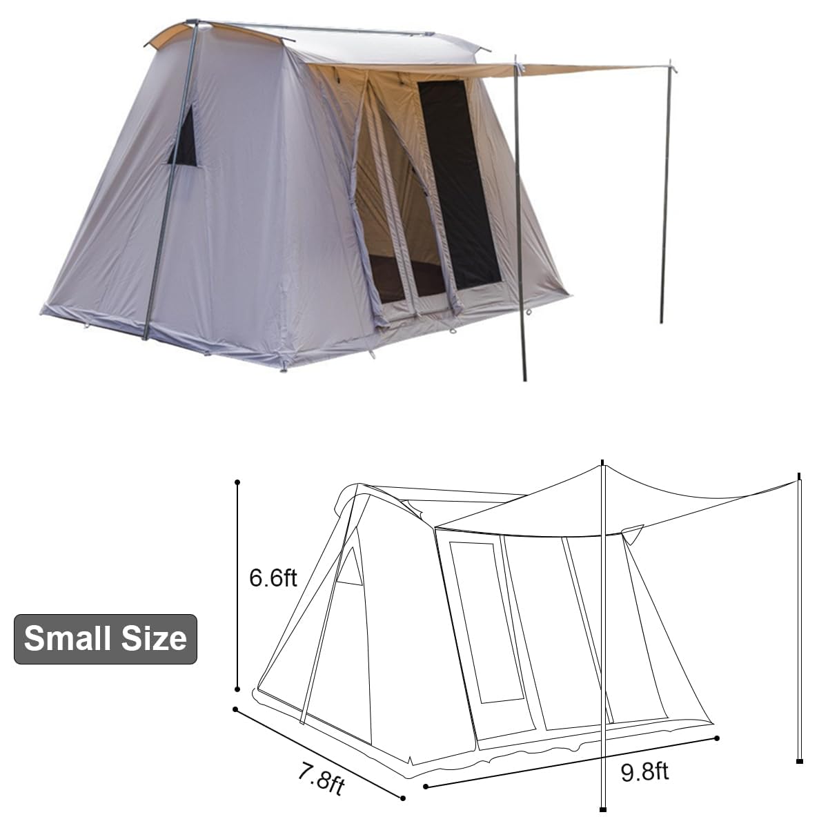 UNISTRENGH Camping Tent Waterproof Cotton Canvas Cabin Tent 4 Season Outdoor Family Camping Shelters with Awning, Mesh & Extra Wide Doors (Small(9.8'L x 7.9'W x 6.6'H), Beige) : Sports &