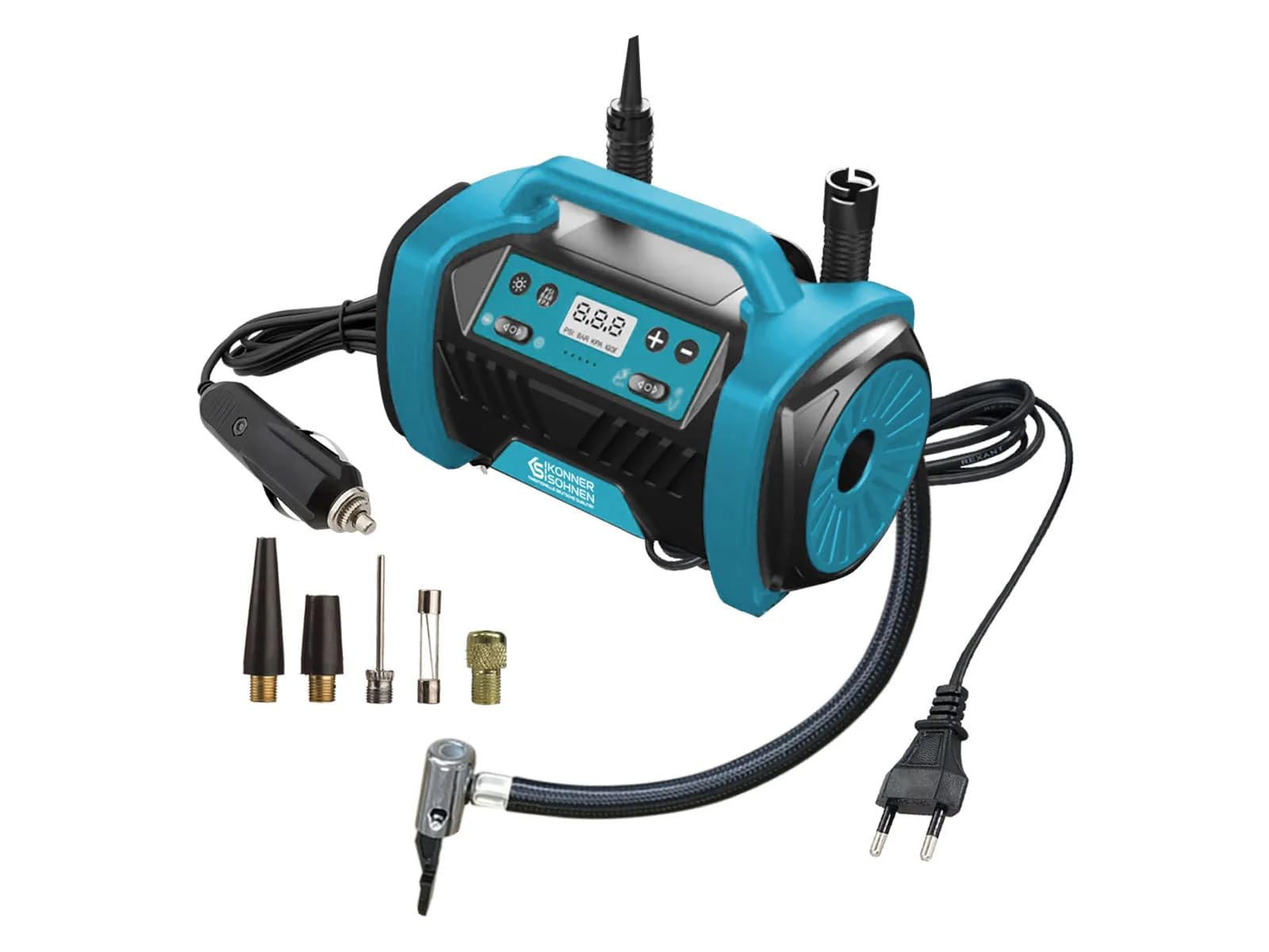 Konner&Sohnen Portable Air Compressor, Tire Inflator with Auto-Stop, 150 PSI 12V DC, Air Pump with Digital Display, Flashlight, Car Accessories for