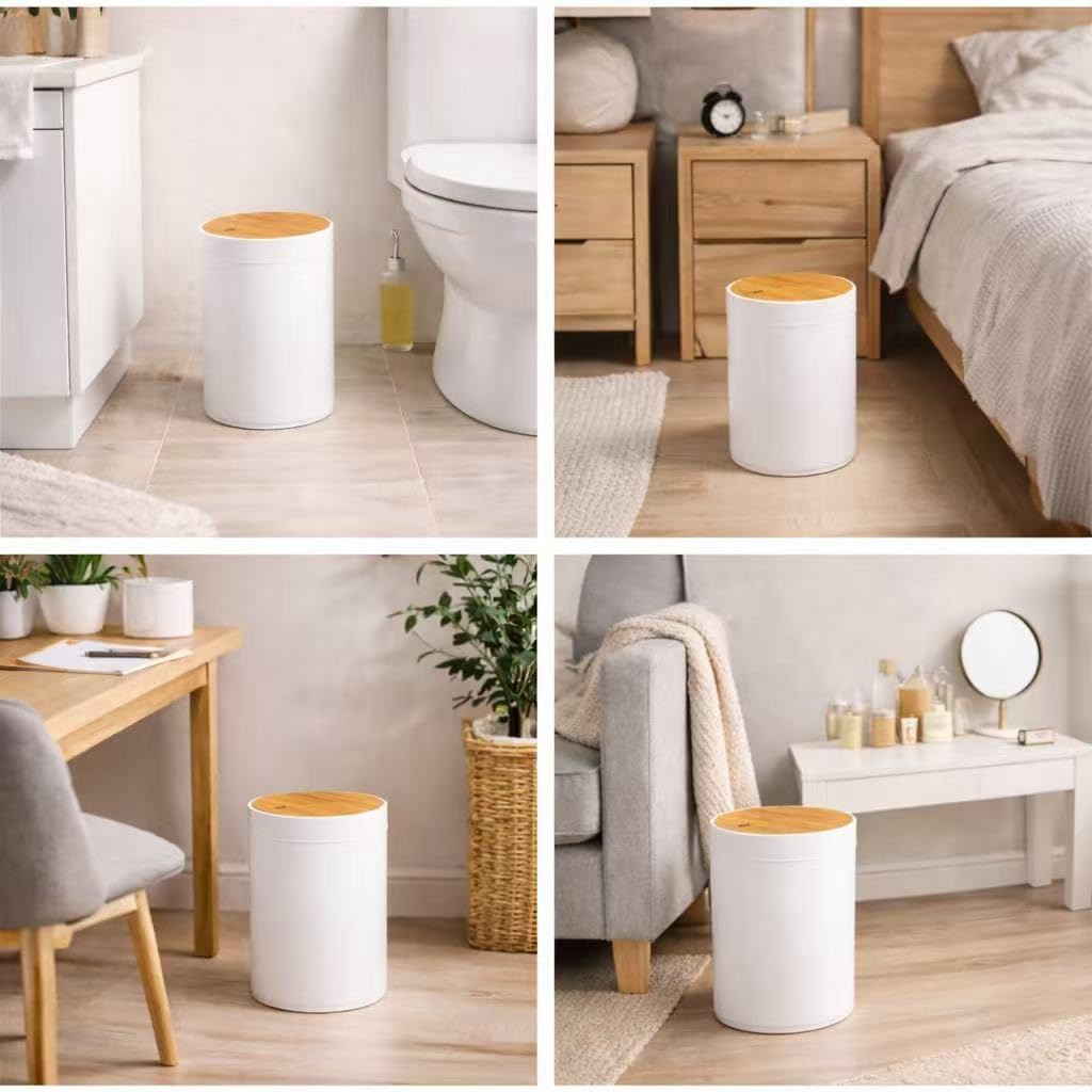 DAMDAM GO Papelera de Baño 5L con Tapa Basculante de Bambú Natural, Cubo de Basura Pequeño Blanco Diseño Minimalista Moderno para Baño, Dormitorio y Oficina