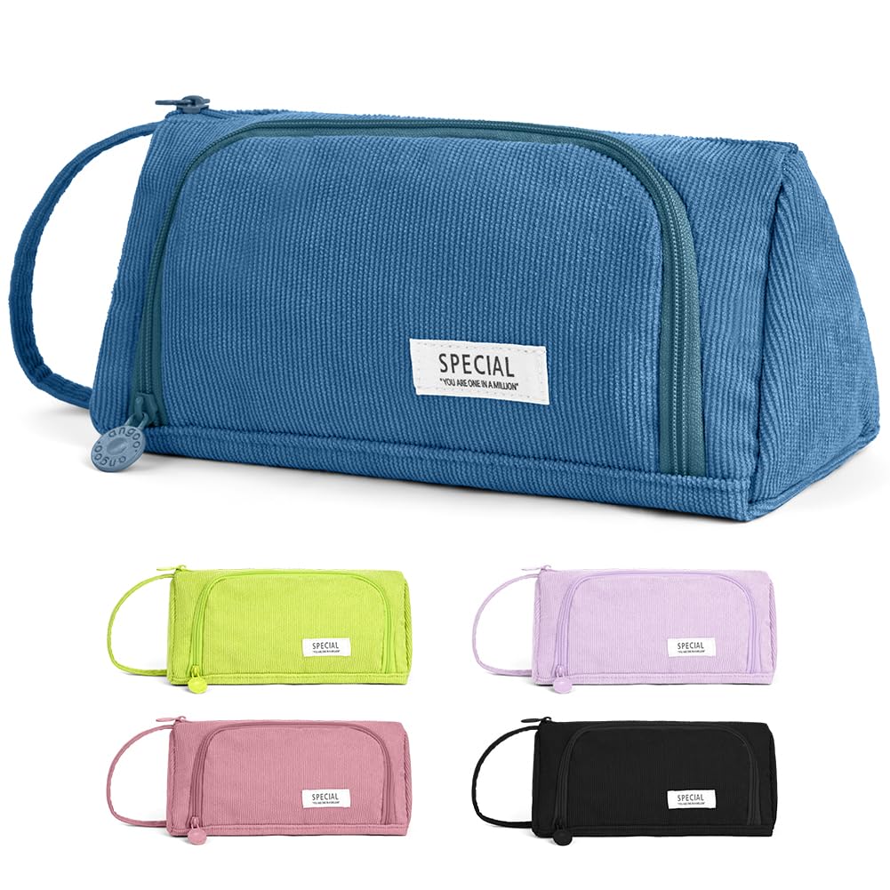 APXEL Federmäppchen Cord-Stoff, Federtaschen Mädcchen große Mäppchen mit 2 Fcächer Tragegriff Stiftetasche Bleistift Beutel Federmäppchen Pencil Case für Schule Teenager Büro, Blau