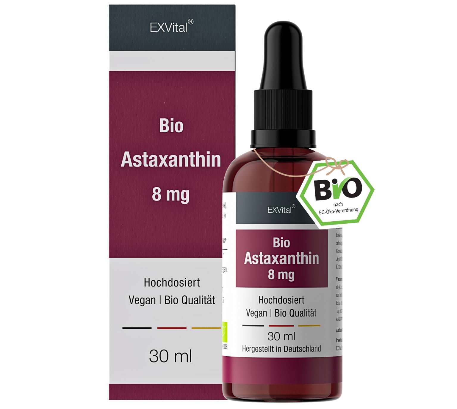 Bio Astaxanthin Tropfen, 8mg Astaxanthin pro Tagesdosis, Hochdosiert & Vegan - 100% natürliches Astaxanthin - Hohe Bioverfügbarkeit - Laborgeprüft, 30 ml