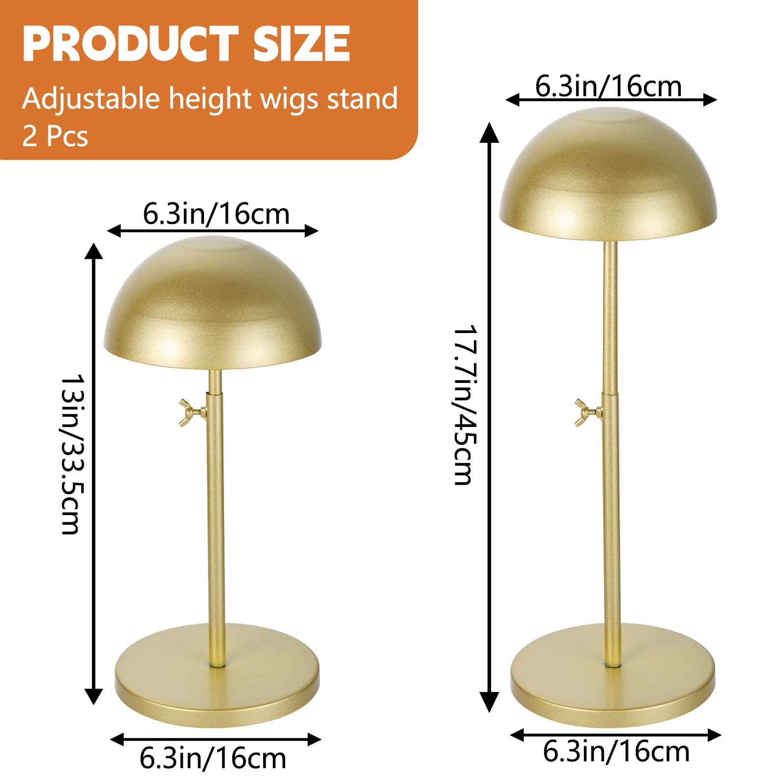Sibosen 2 Pcs Wig Stand 23-40cm Adjustable Height Wigs Head Holder Anti Rust Stable Stainless Steel Hat Display Stand Travel Storage Holder for Wigs and Hats Styling Drying Display(Gold,Round Base) - Image 2