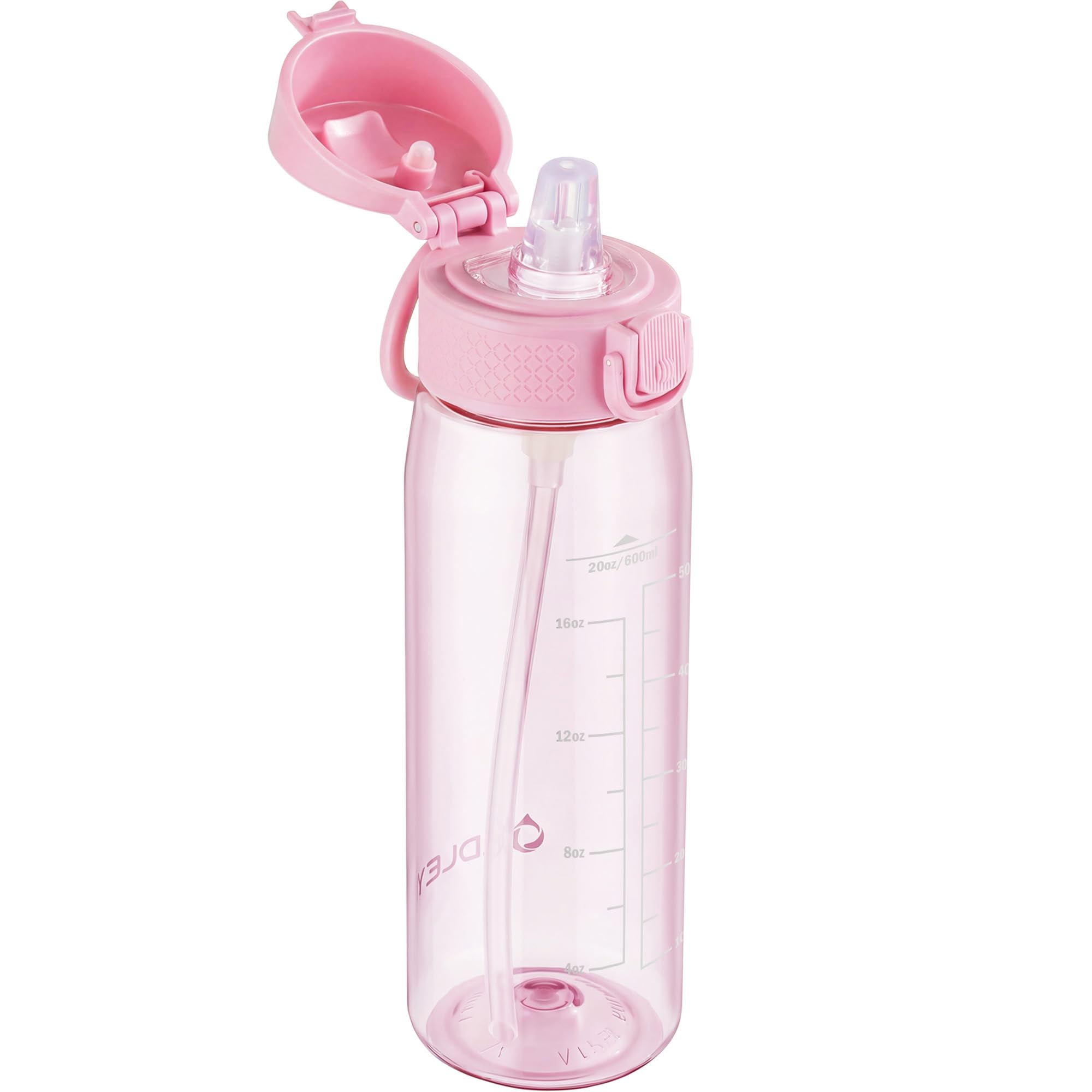 OLDLEY 600ml/20oz Water Bottles with Straw Leakproof Tritan Water Bottle with Handle BPA Free Time Marker Sports Drinking Bottle for School, Travel, Sports (Pink)
