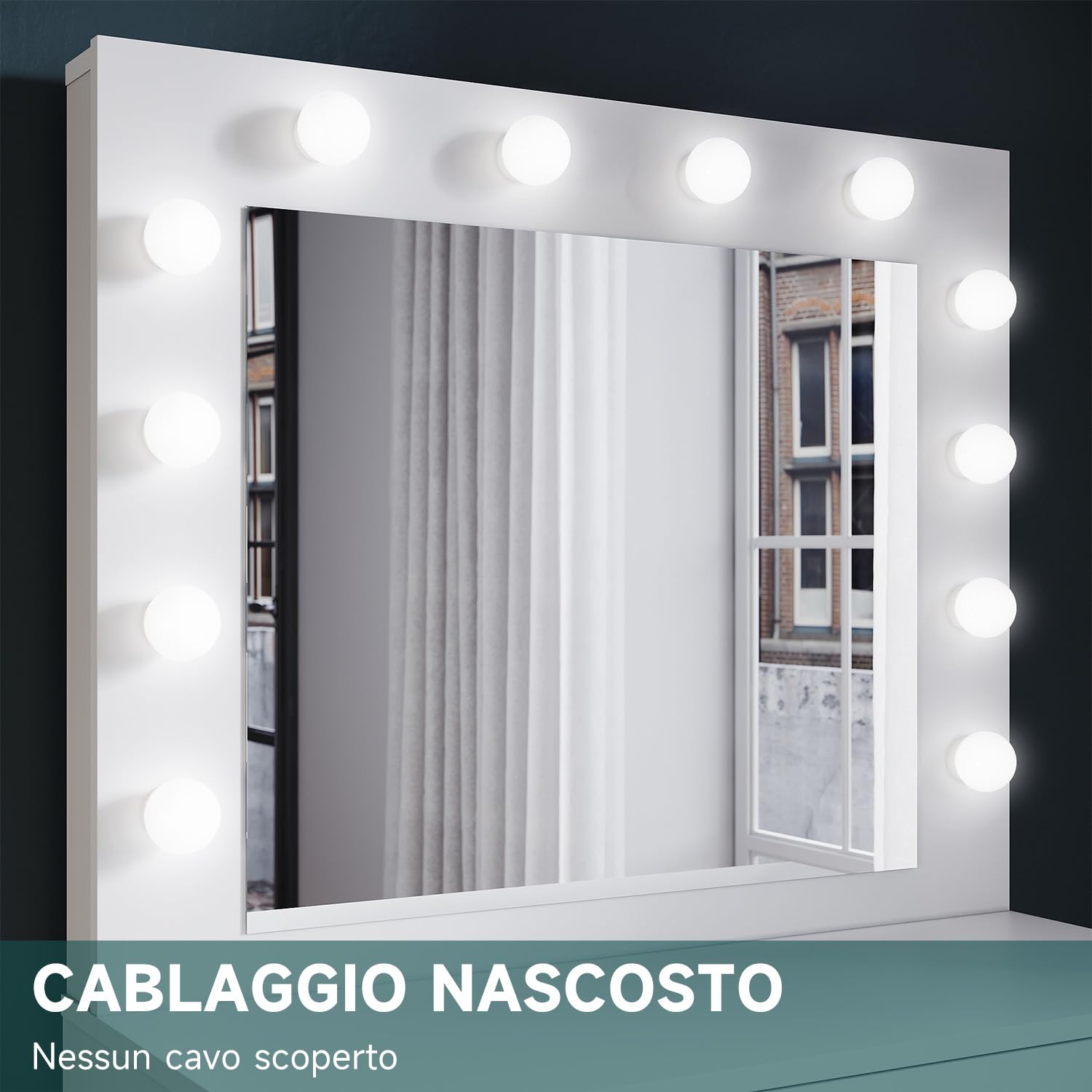 SONNI Toeletta Trucco Comò con Specchio Sgabello, Vanità da Camera da Letto con Cassetti, tavolo trucco con 12 Lampadine LED Dimmerabili a Luminosità Regolabile, Facile da Assemblare, Bianco