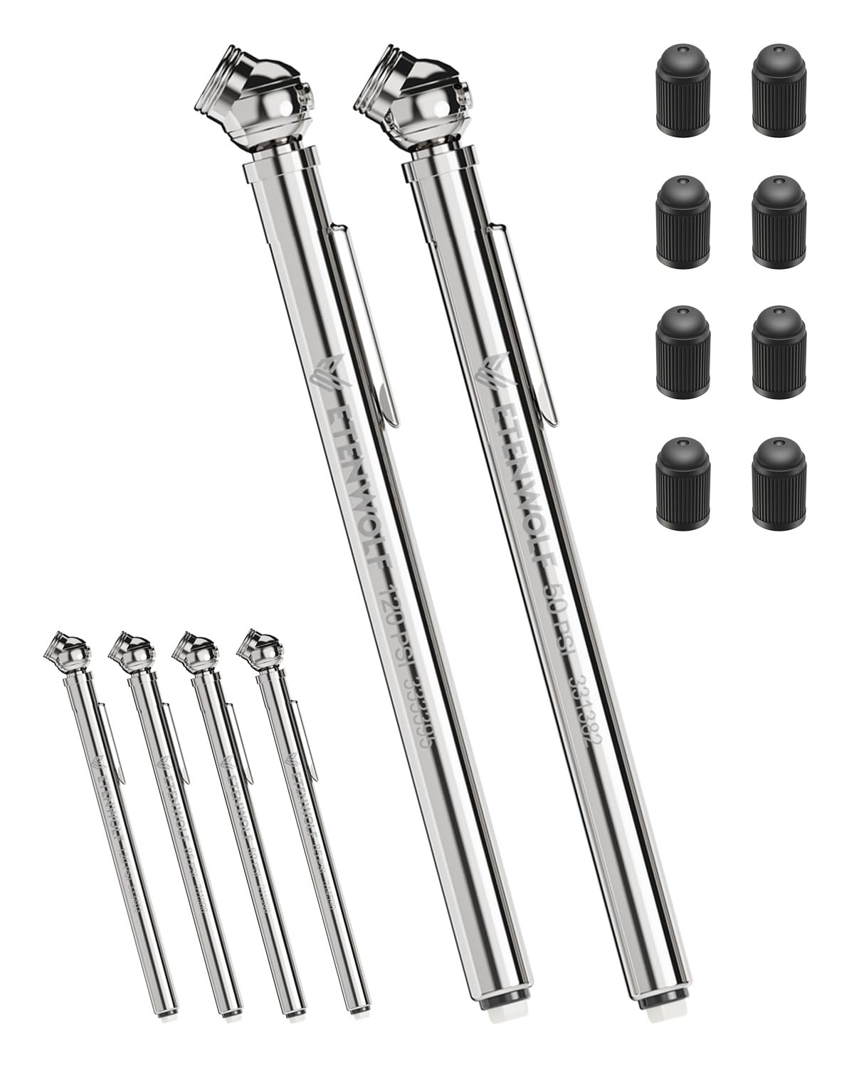ETENWOLF Pencil Tire Pressure Gauge 2 Pack 10-50PSI 20-120PSI with 16 Tire Caps Calibrated to ANSI B40 1