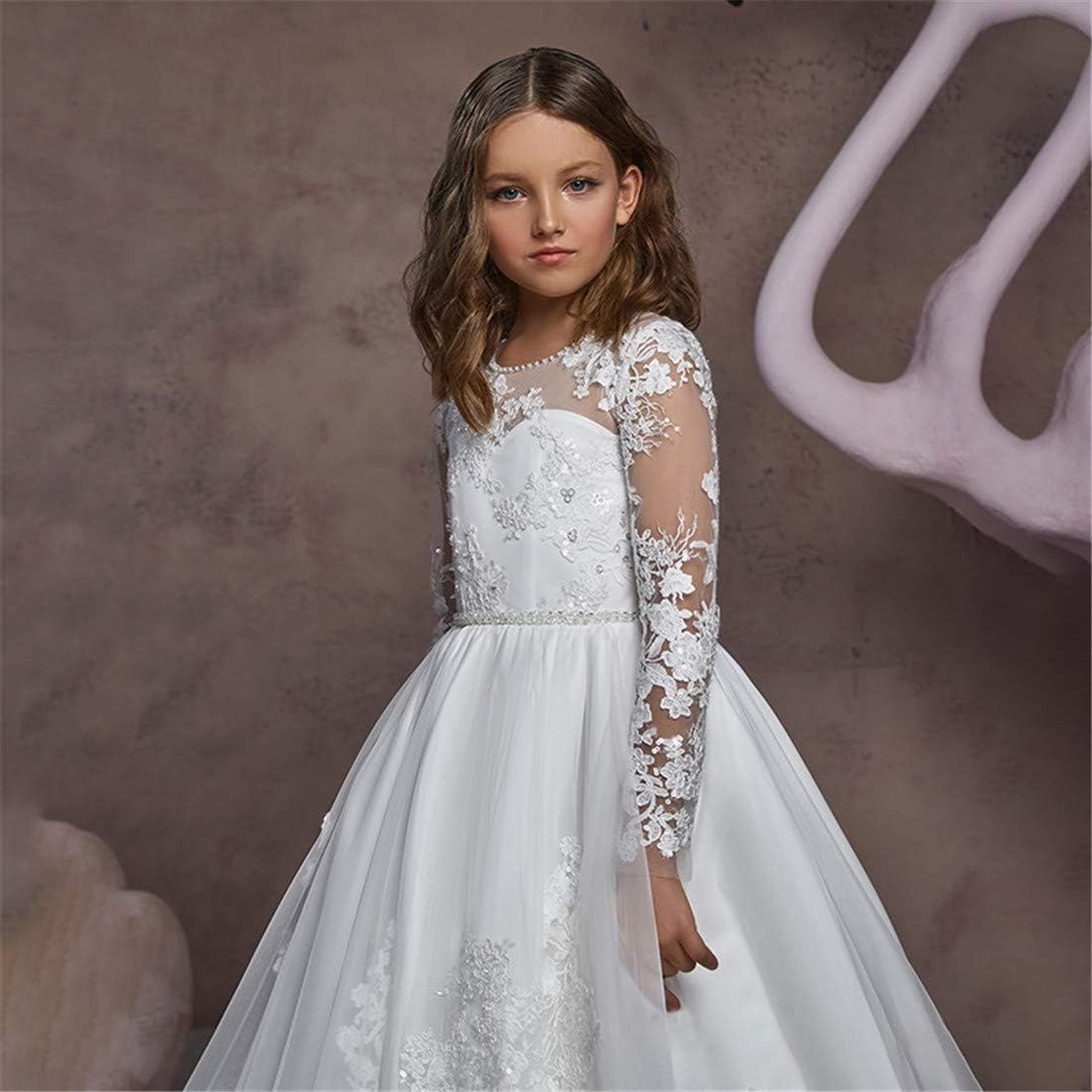 LECOYOYO Pizzo Ricamo Fiore Ragazza Abiti Tulle Manica Lunga Primo Comunione Abiti