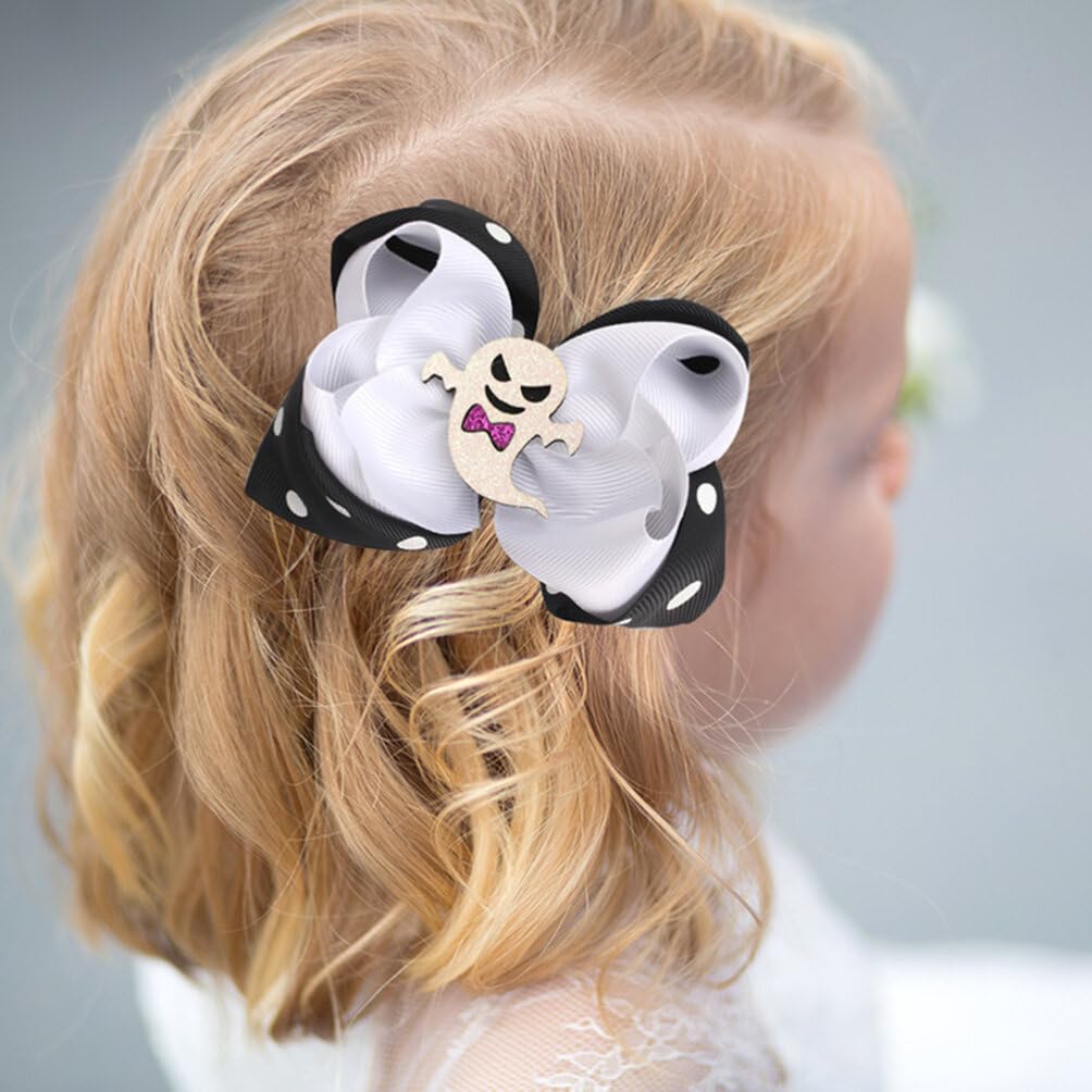 minkissy Bow Clips 2Pcs Halloween Hair Ghost Hair Clips Pumpkin Hair Bow Barrettes Halloween Costume Props for Girls Bows for Girls (Orange + White) - Image 3