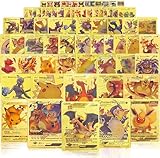 Ultra Rare 55 PCS Gold Cards Packs Vmax DX GX Rare Golden Cards TCG Deck Box Gold Foil Card for Kids Birthday Party Favors Gifts (No Duplicates)