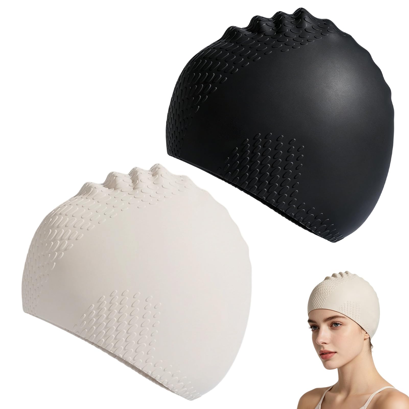 2PCS Silicone Swimming Cap for Long Hair, Waterproof Swimming Cap for Women Men Adults, Large Swim Caps for Women with Thick Curly Hair Comfortable Fit, 3D Bathing Caps, Black and Off White