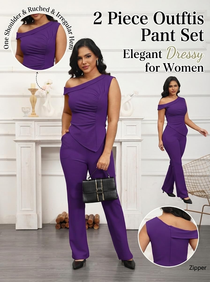 Aro Lora Womens 2 Piece Outfits Sexy One Shoulder Ruched Irregular Hem Top Pant Set Dressy Pant Suits