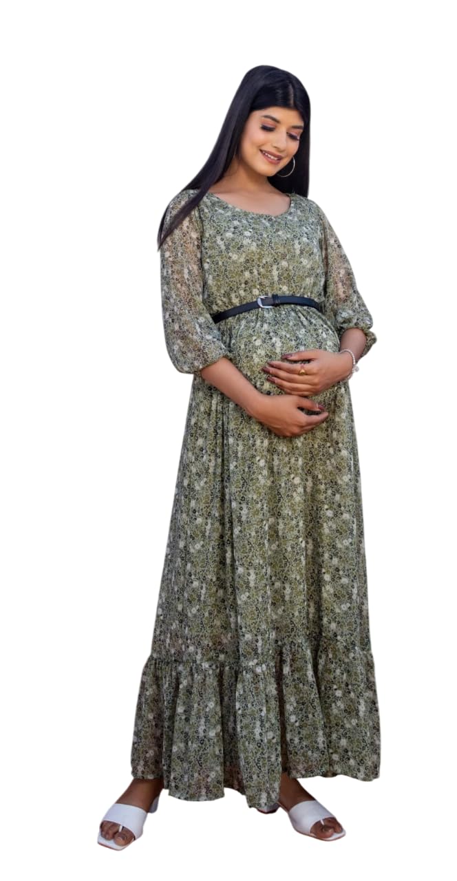 Khushi Enterprises Floral Printed Maternity Maxi Dress, Green, Long Sleeve, Belted, Nursing Friendly, Pregnancy Wear-picture-10