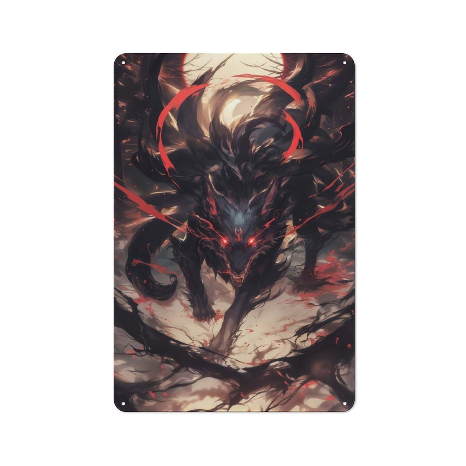 Rustic Evil Black Kitsune Fox Tin Wall Plaque 30x20cm, Rustic Kitchen Decor for Cottage, Kitchen, Hallway Or Breakfast Nook