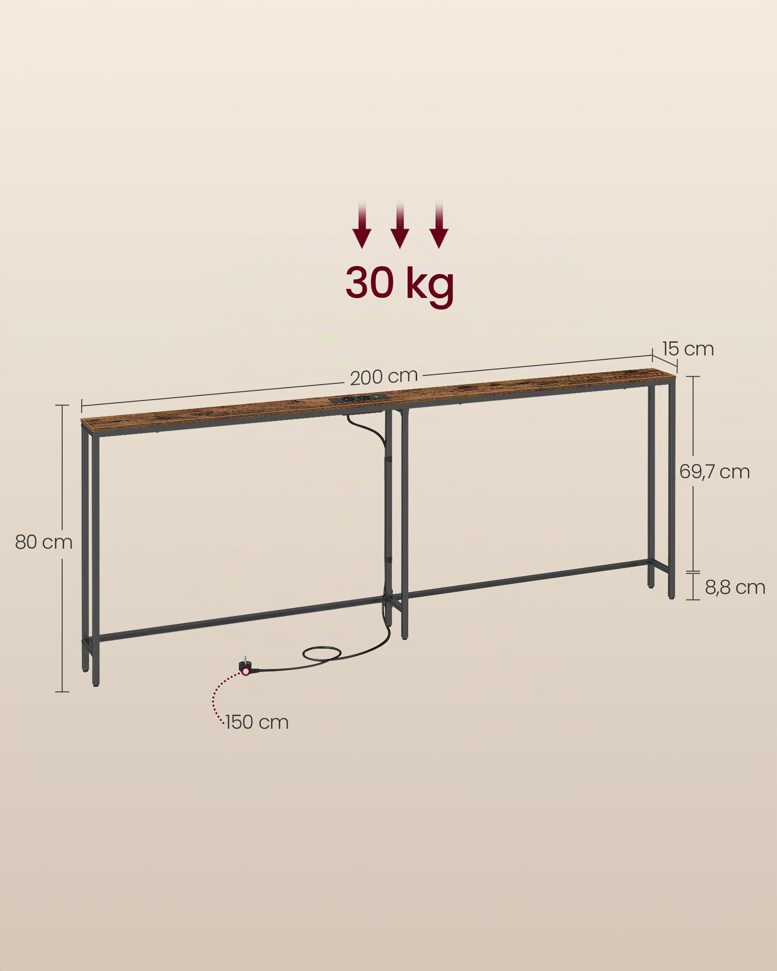 VASAGLE Konsolentisch mit Ladestation, schmaler Sofatisch, Flurtisch, 2 Tischplatten, einfache Montage, für Flur, Wohnzimmer, 15 x 200 x 80 cm, vintagebraun-Mattschwarz LNT077K102