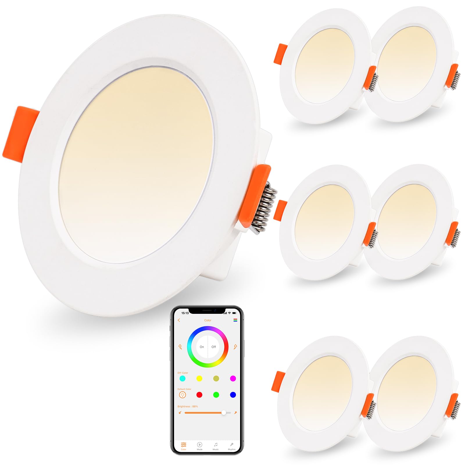 DUSKTEC Bluetooth Alexa Connected Recessed LED Spotlight, 220V Dimmable Recessed Spotlight 2700K-6000K Adjustable Warm White Neutral & Cold Dimmable 7W, IP44 Flat Bathroom Spotlight, Pack of 6