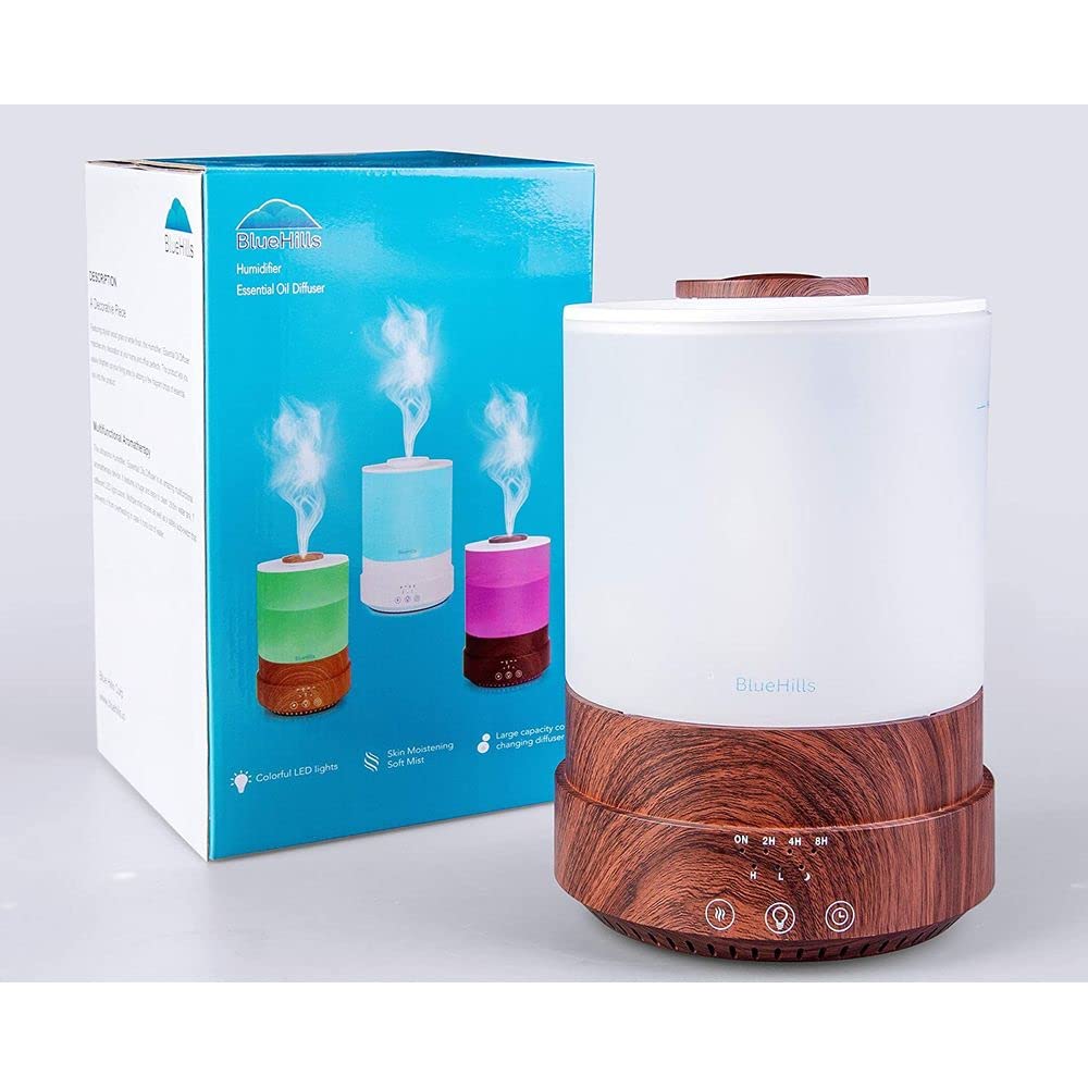 BlueHills - Difusor de aceites esenciales XL 2500 ml con temporizador para gran decoración del hogar, habitación de bebé, gran capacidad de 2,5 l con luces Grano de madera oscura - F003