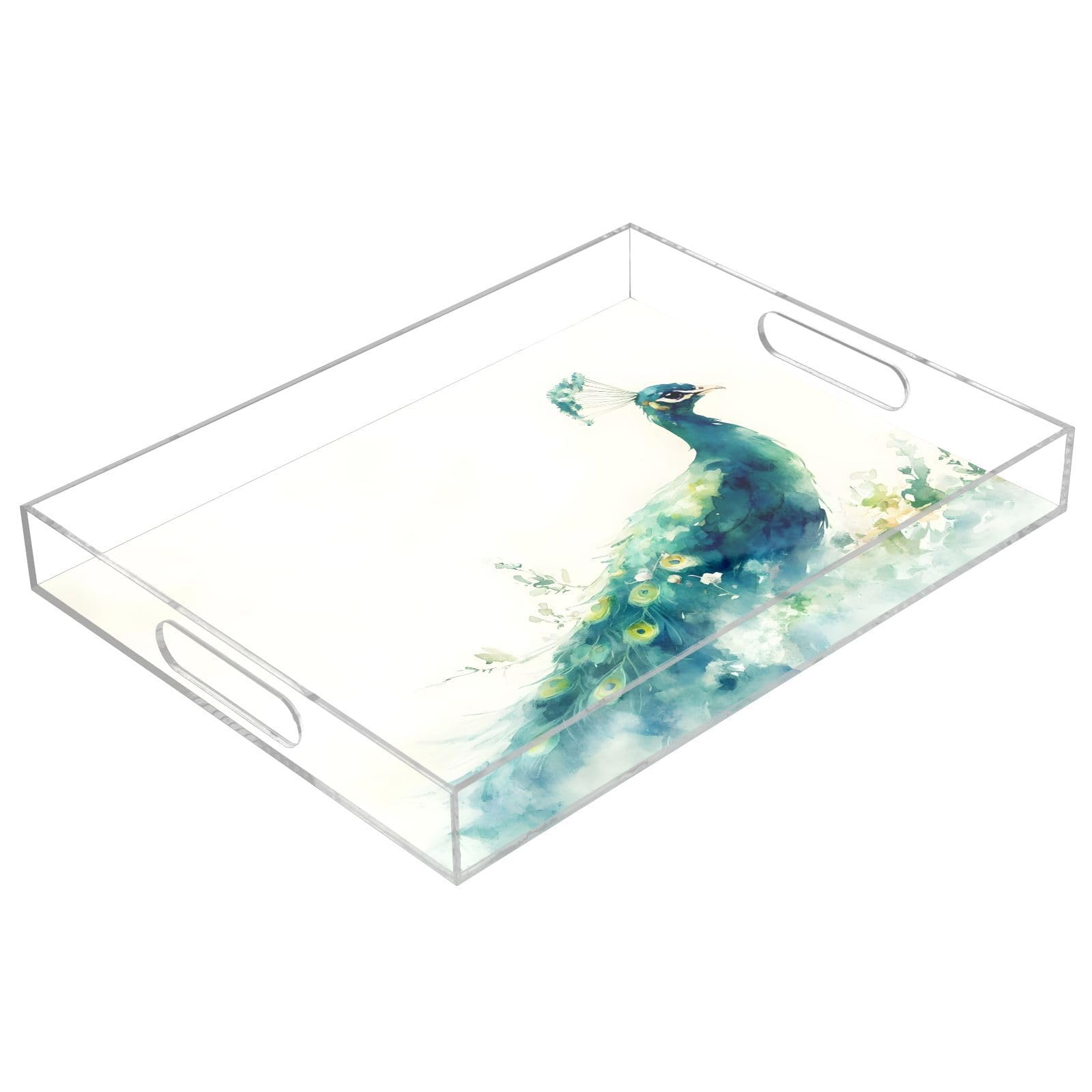 BOESI Watercolor Peacock Pattern Acrylic Decorative Dining Tray, Acrylic Decorative Tray Organizer with Handle for Kitchen, Dining Room, Bathroom, Dresser