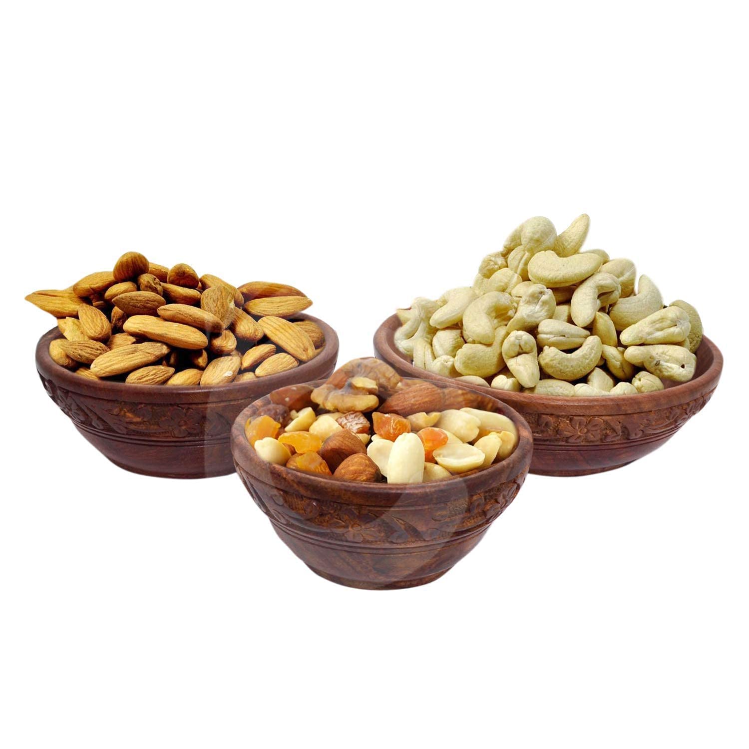 Wooden Handmade Bowl Set Natural Wood Serving Bowls for Snacks, Salads, Fruits & Dry Fruits Eco-Friendly Kitchen & Dining Ware Handcrafted Tableware Gift Set (Carving Design)