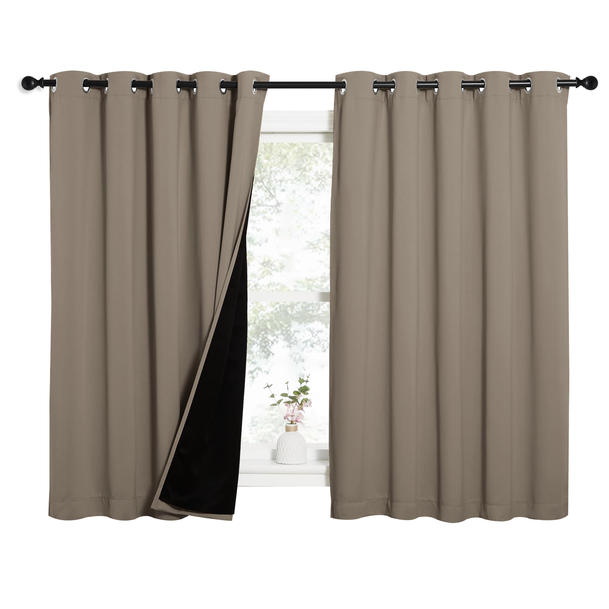 NICETOWN 100% Blackout Curtains with Black Liners, Thermal Insulated Full Blackout 2-Layer Lined Drapes, Energy Efficiency Window Draperies for Bedroom (Taupe, 2 Panels, 62-inch W by 63-inch L)