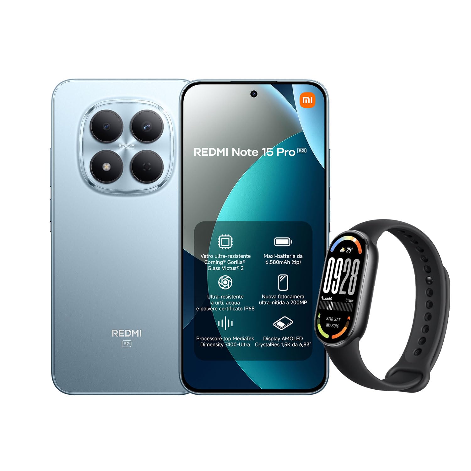 Xiaomi Redmi Note 15 Pro 5G, 12+512GB, Batteria massiccia da 6580 mAh, IP66/IP68, Fotocamera 200 MP, Display AMOLED da 6,83", Blu Ghiacciaio, Garanzia 2 anni, Caricatore non incluso + Smart Band 10