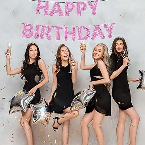 Miniatura 4 de Cartel rosa de feliz cumpleaños, decoración de fiesta de cumpleaños con purpurina, guirnalda de banderines para niñas o mujeres