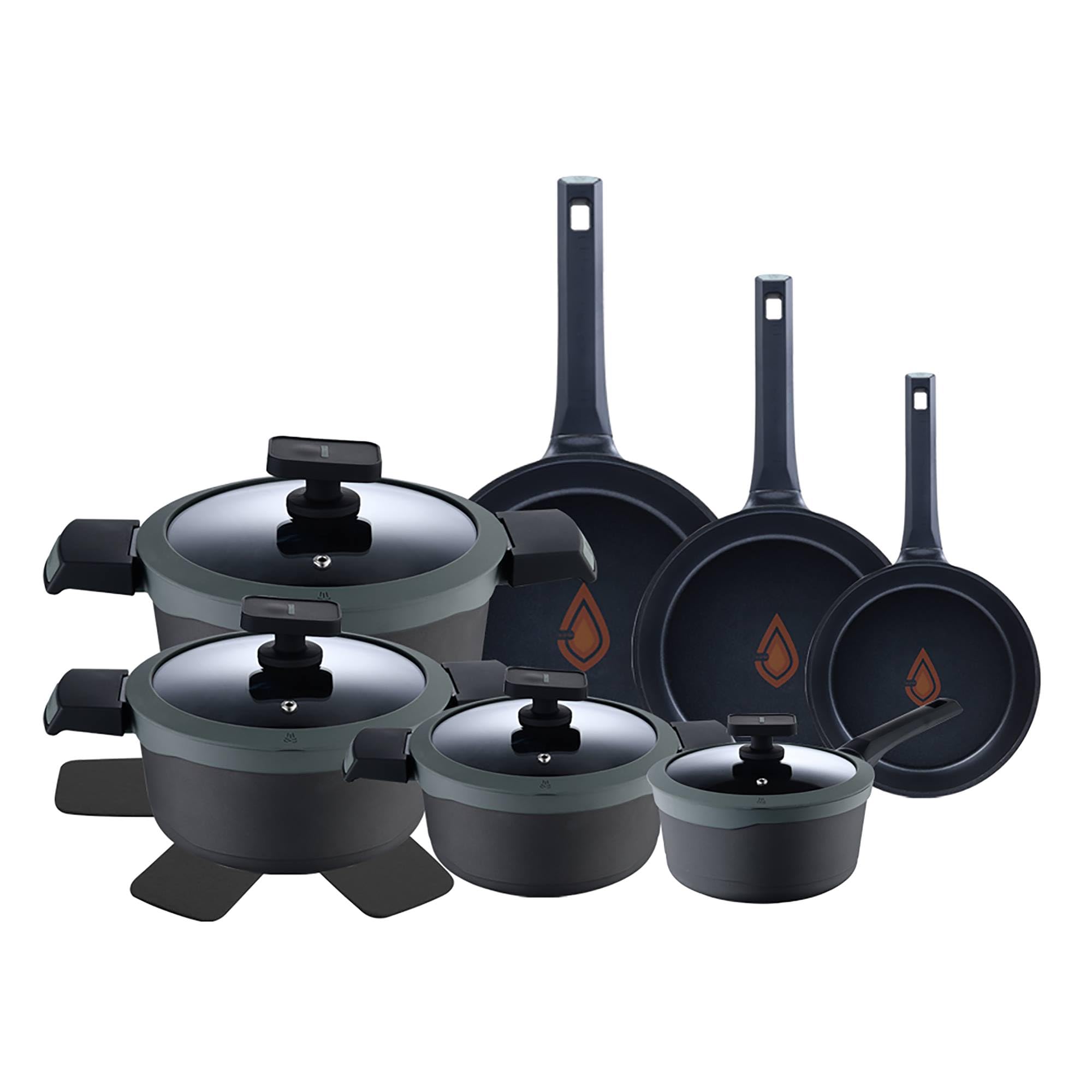 MasterPRO Gastro Reeco | 11-teiliges Set | 20, 24 und 28 cm Bratpfannen, 20, 24 und 28 cm Kochtöpfe und 16 cm Kochtopf mit Deckel | Recyceltes Aluminiumguss | Heatdot | Antihaftbeschichtung, schwarz
