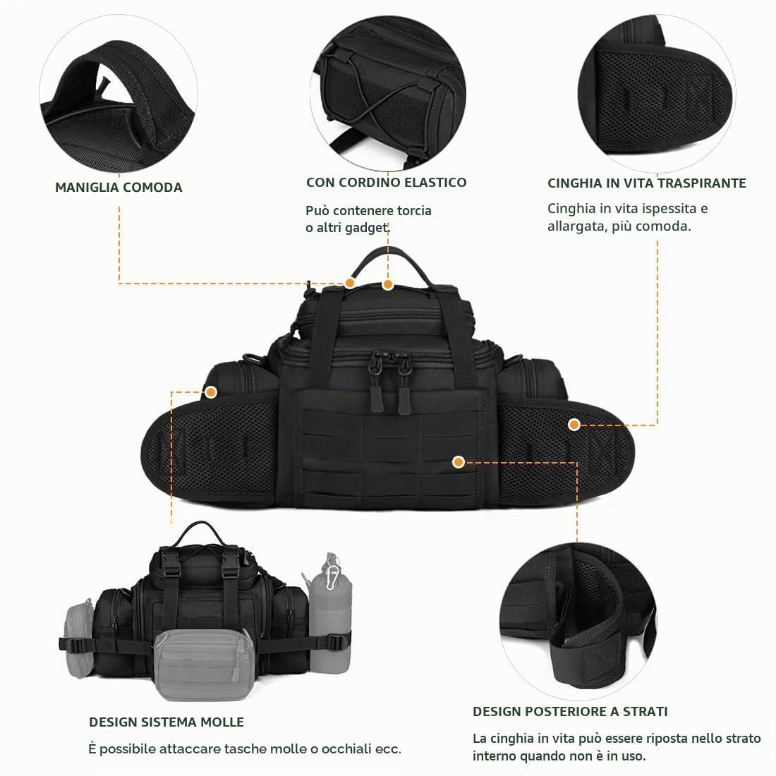 Huntvp Tattico Marsupio Grande Uomo Multifunzione Borsa a Tracolla Militare Molle per Sport Lavoro Outdoor Campeggio Escursione Ciclismo Trekking, Nero
