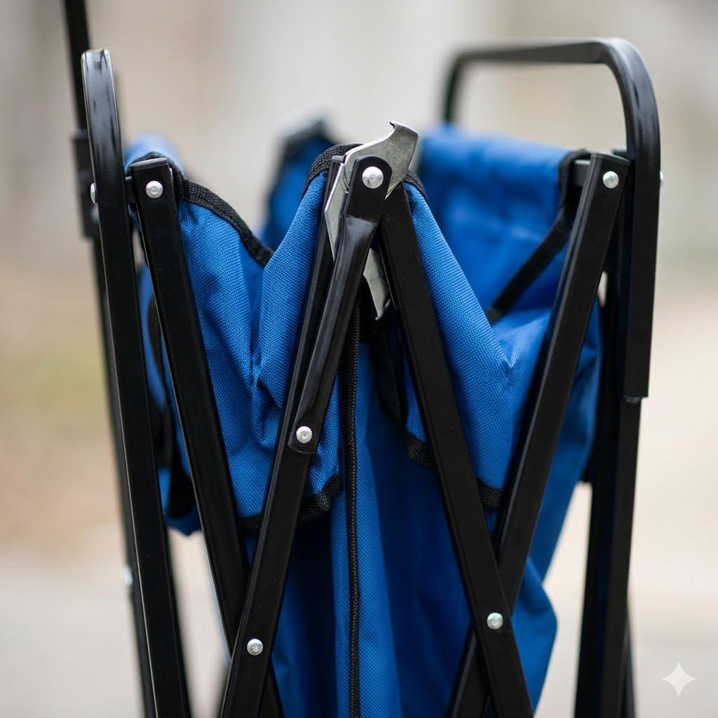 Carrello trasporto cose Pieghevole Multiuso da Giardino e Spiaggia Portata 100kg 4 ruote Struttura richiudibile in Acciaio e Tessuto Oxford blu Tempo Libero carriola vano cm 52x 88