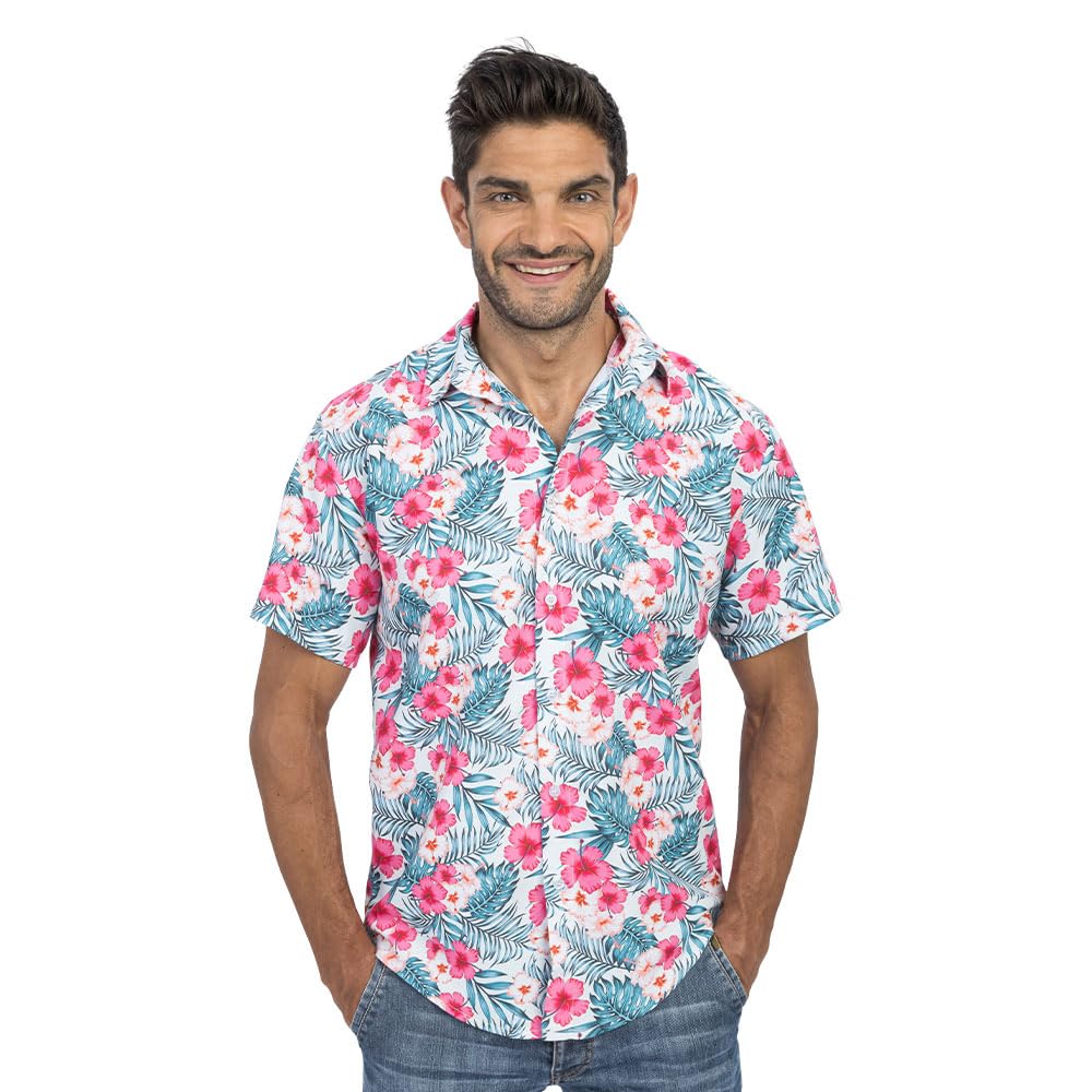 Chaks - Camicia hawaiana da uomo con motivo ibisco in rosa brillante, camicia estiva a maniche corte per feste, festival, vacanze e moda mare