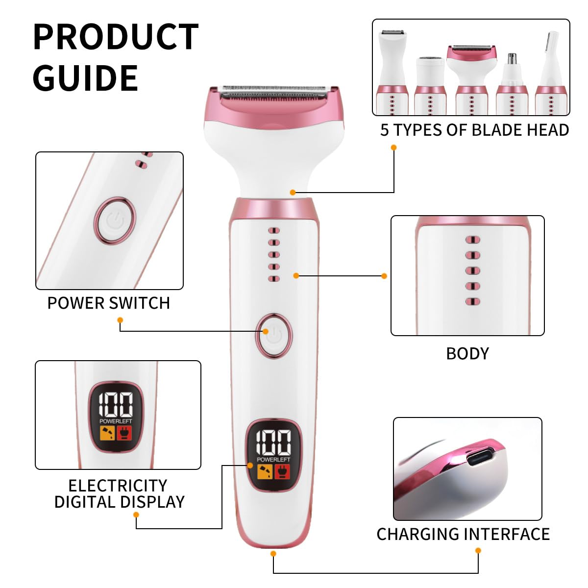 Elektrischer Rasierer für Frauen, Bikini-Trimmer für Frauen, 5-in-1-Körperrasierer für Nase, Haare, Gesicht, Augenbrauen, Arme, Beine, Achselhöhle, Achselhöhle, Schambereich, austauschbarer